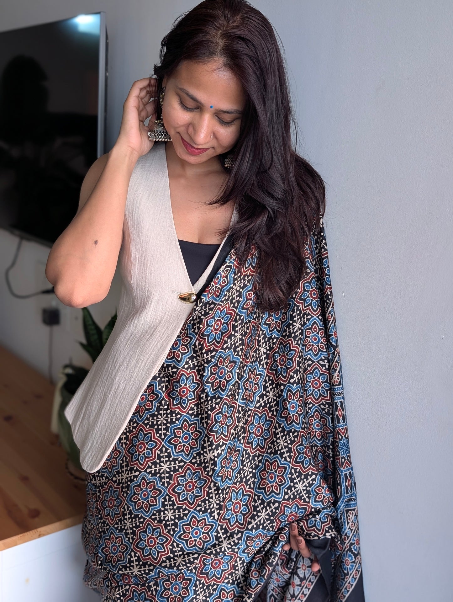 (AVAILABLE ON PRE ORDER) Ajrakh Saree in Modal Silk - Hand Block Print and Naturally Dyed | TheRangBhoomi