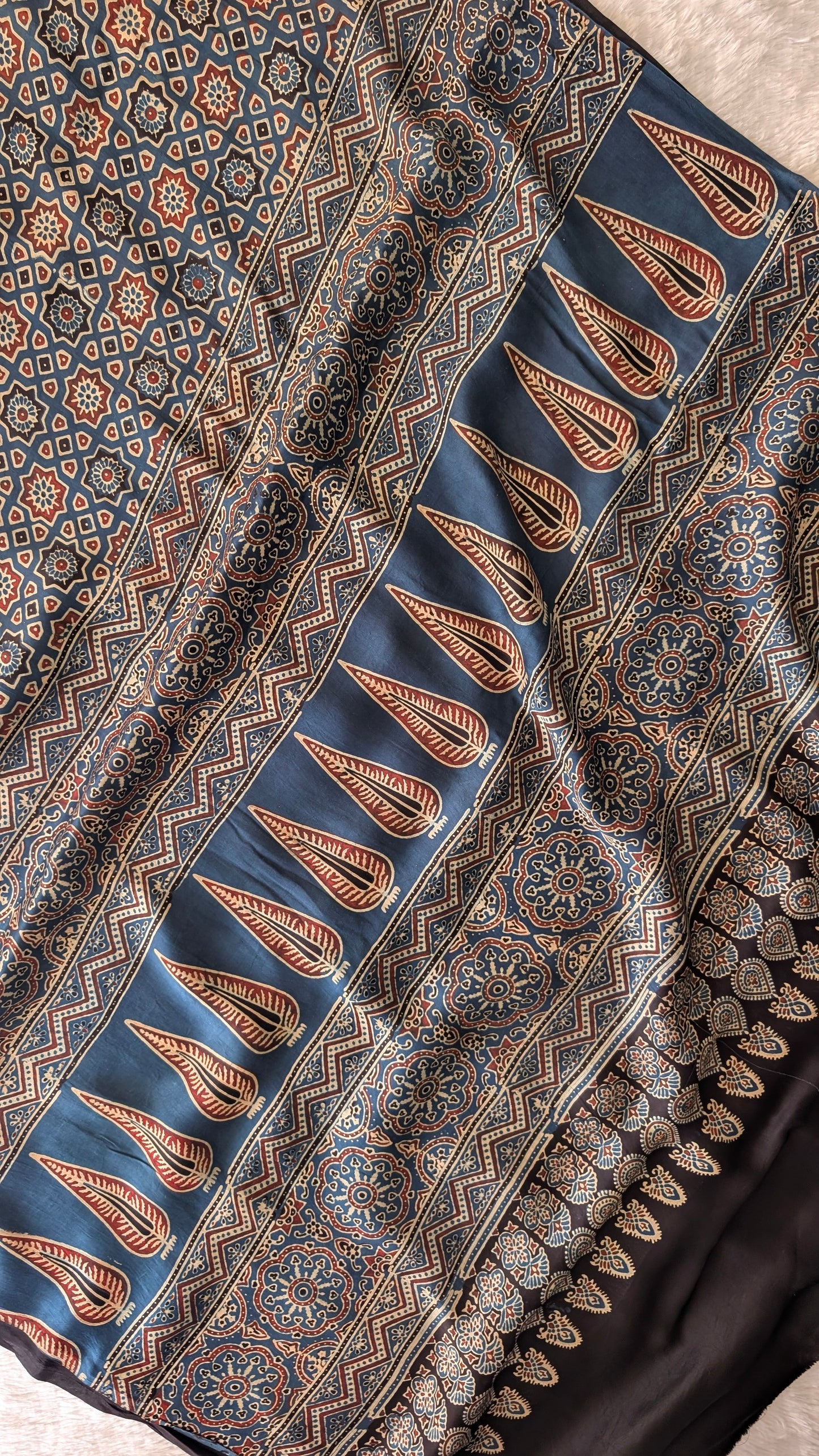 Ajrakh Saree in Modal Silk - Hand Block Print and Naturally Dyed | TheRangBhoomi