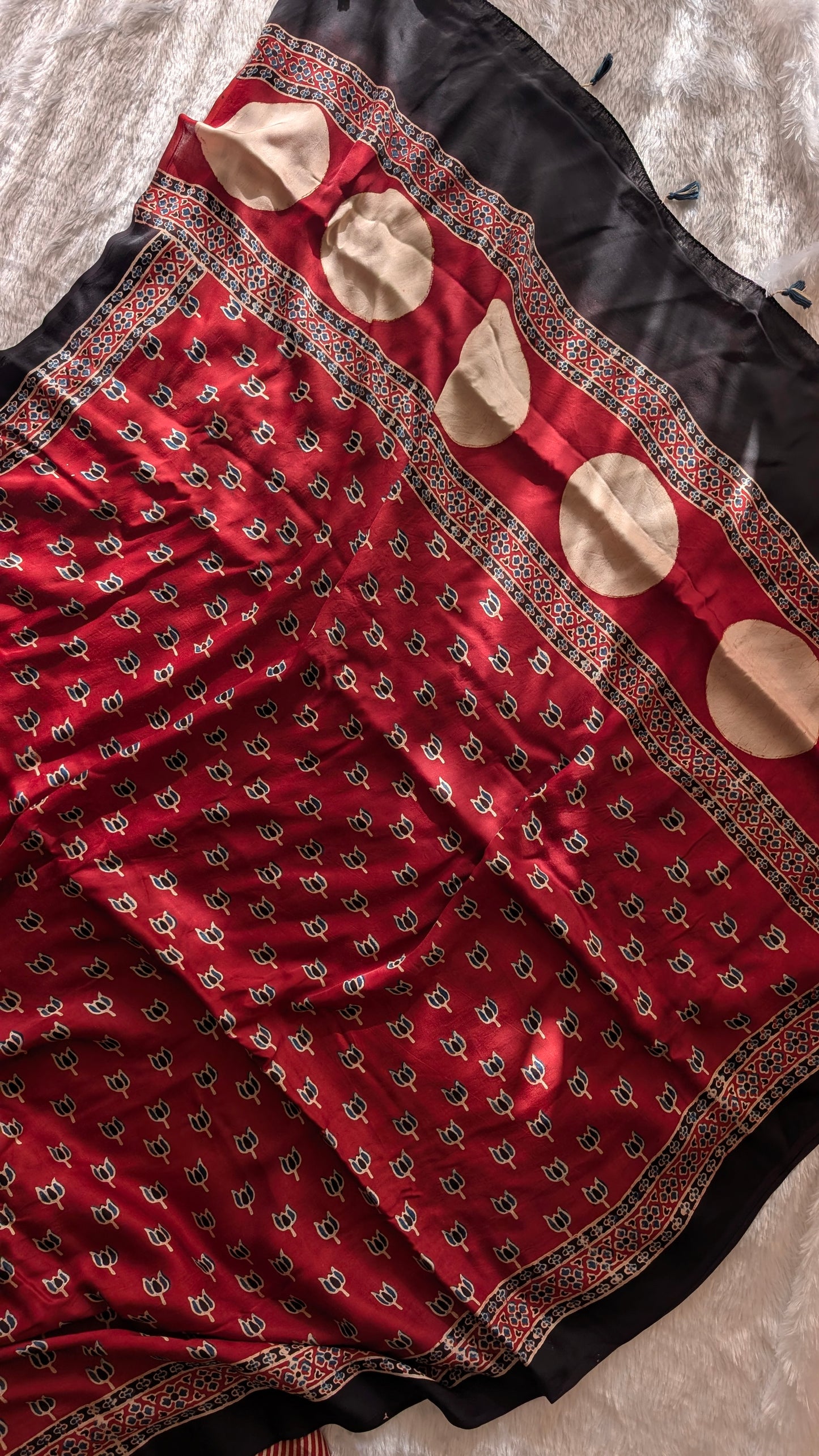 Red Ajrakh Saree in Modal Silk - Hand Block Print and Naturally Dyed | TheRangBhoomi
