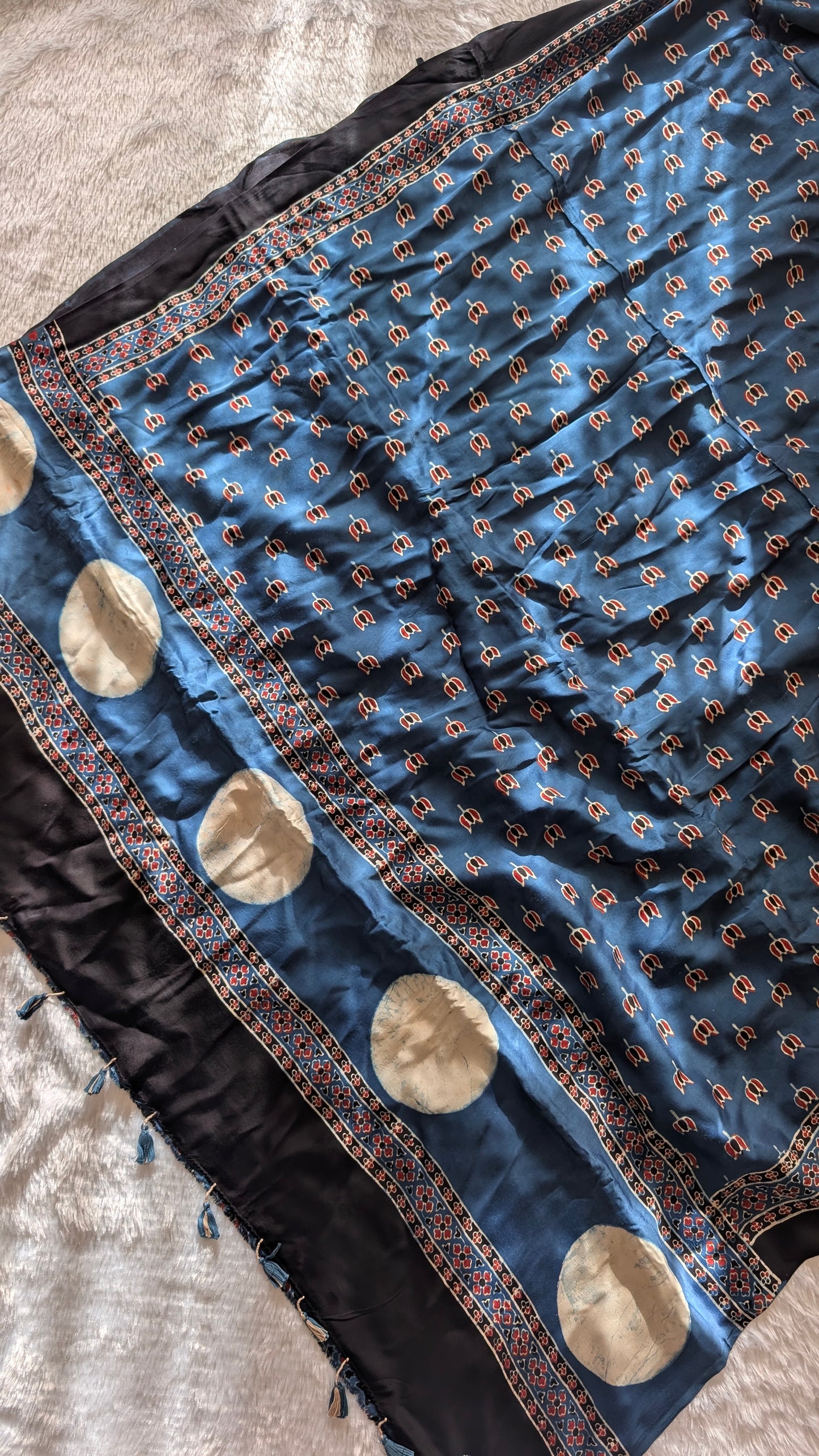 Indigo Ajrakh Saree in Modal Silk - Hand Block Print and Naturally Dyed | TheRangBhoomi