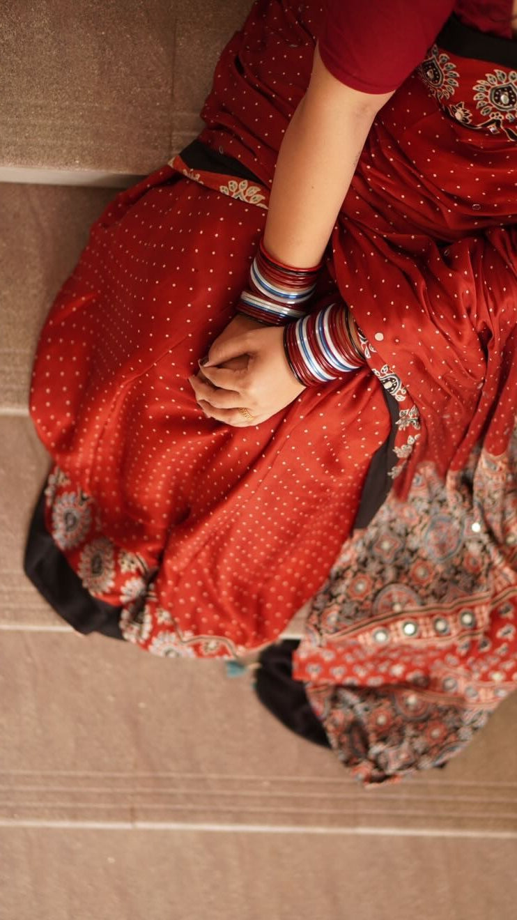 Red Ajrakh modal silk mirror work saree | TheRangBhoomi