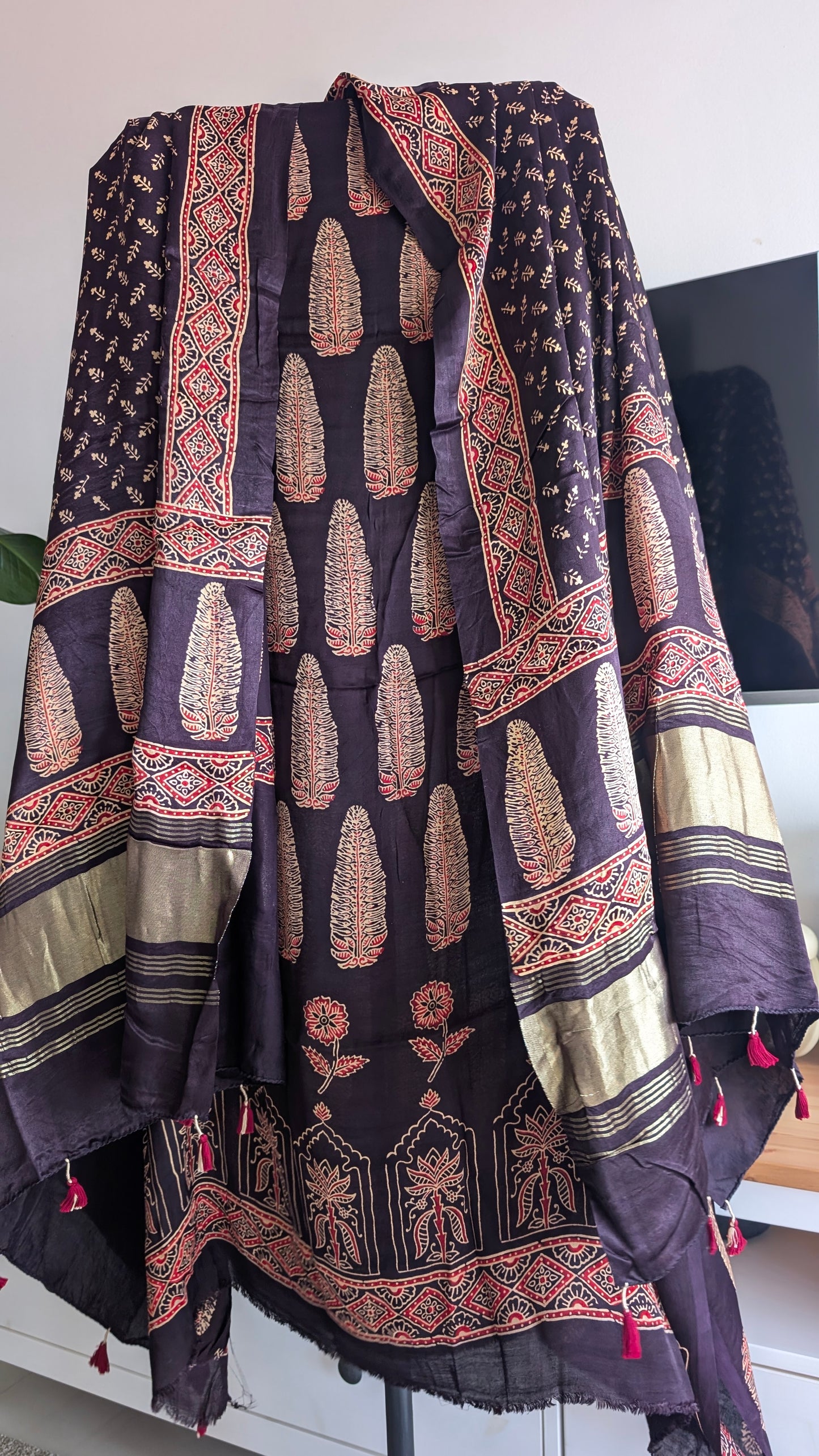 Ajrakh Modal Silk | Suit Set | Black | 2 PC
