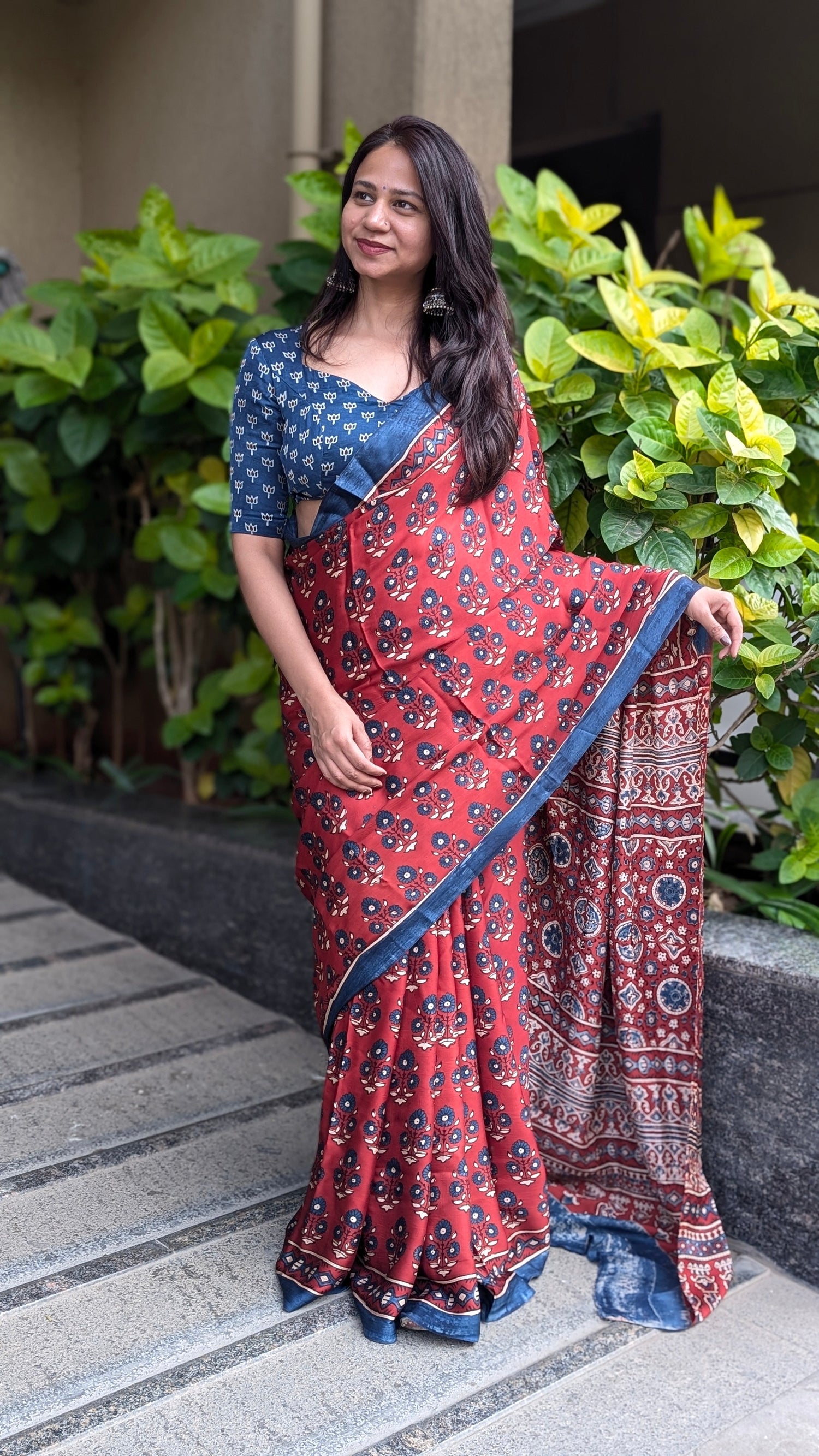 Ajrakh saree red color