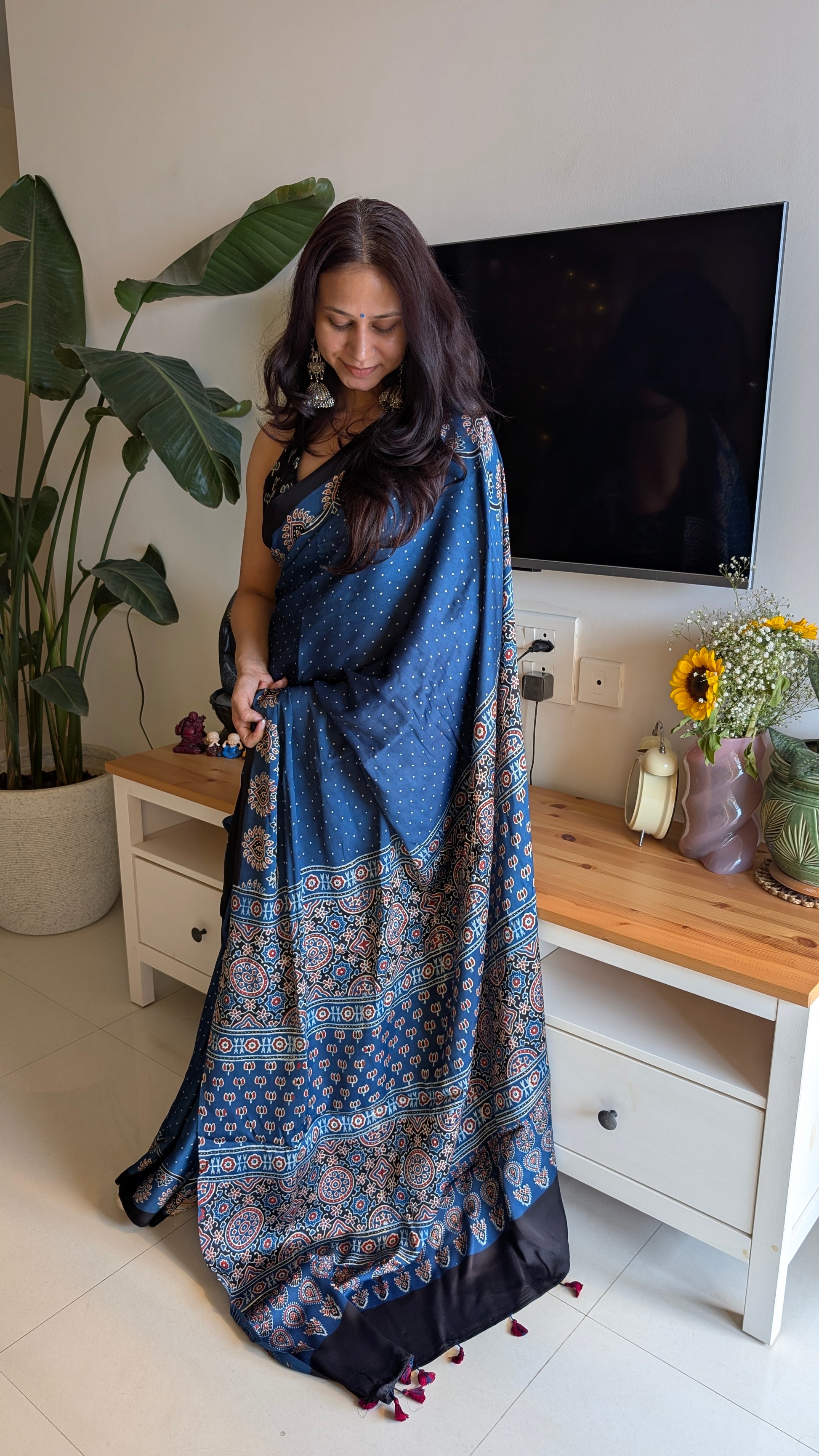TheRangBhoomis Ajrakh saree | Indigo color | Ajrakh modal silk saree in indigo blue with white polka dots