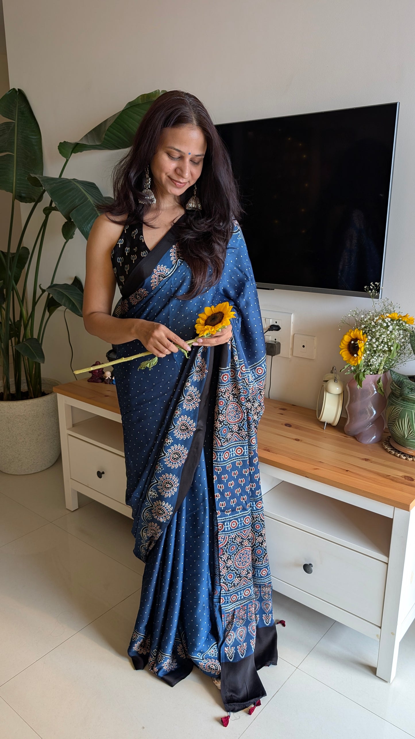 TheRangbhoomi's Ajrakh saree in modal silk indigo color ajrakh saree with white polka dots