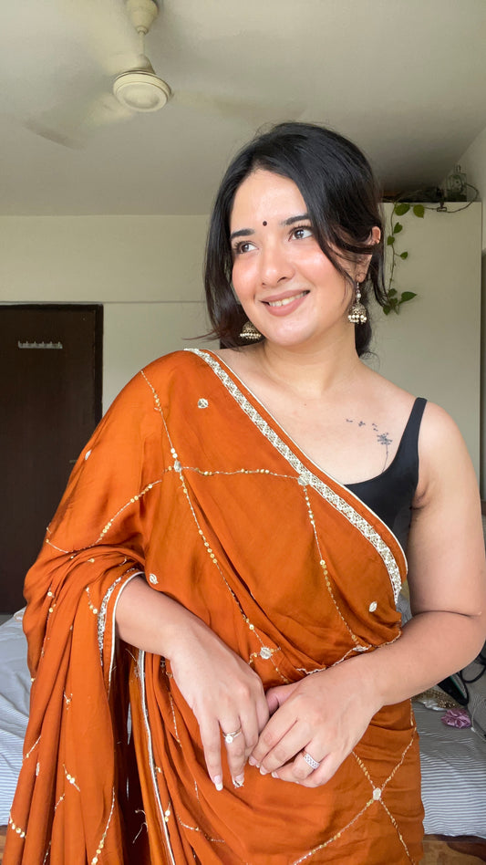 Rust Orange Hand Embroidery Saree in Modal Silk | TheRangBhoomi