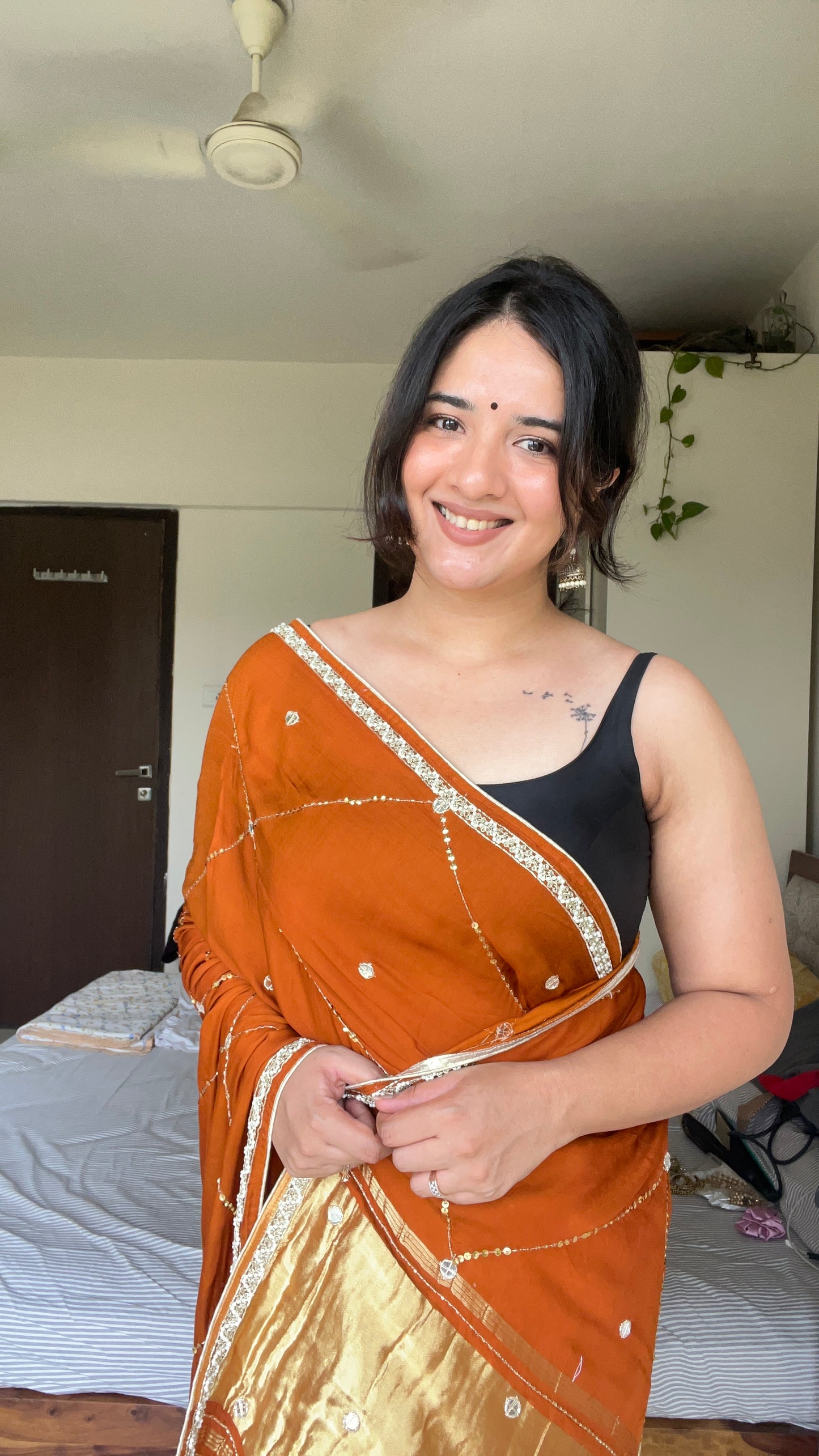 Rust Orange Hand Embroidery Saree in Modal Silk | TheRangBhoomi