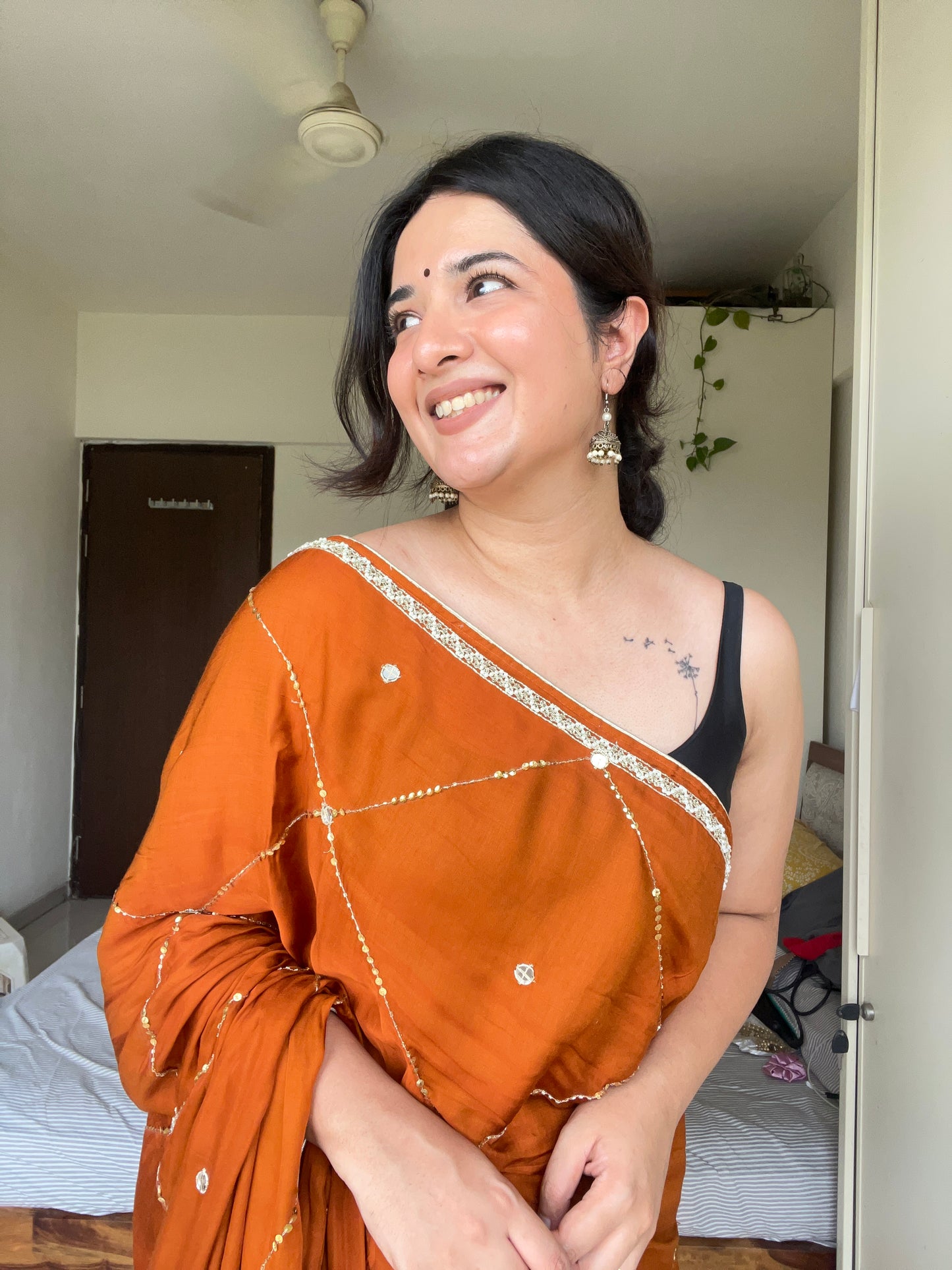 Rust Orange Hand Embroidery Saree in Modal Silk | TheRangBhoomi