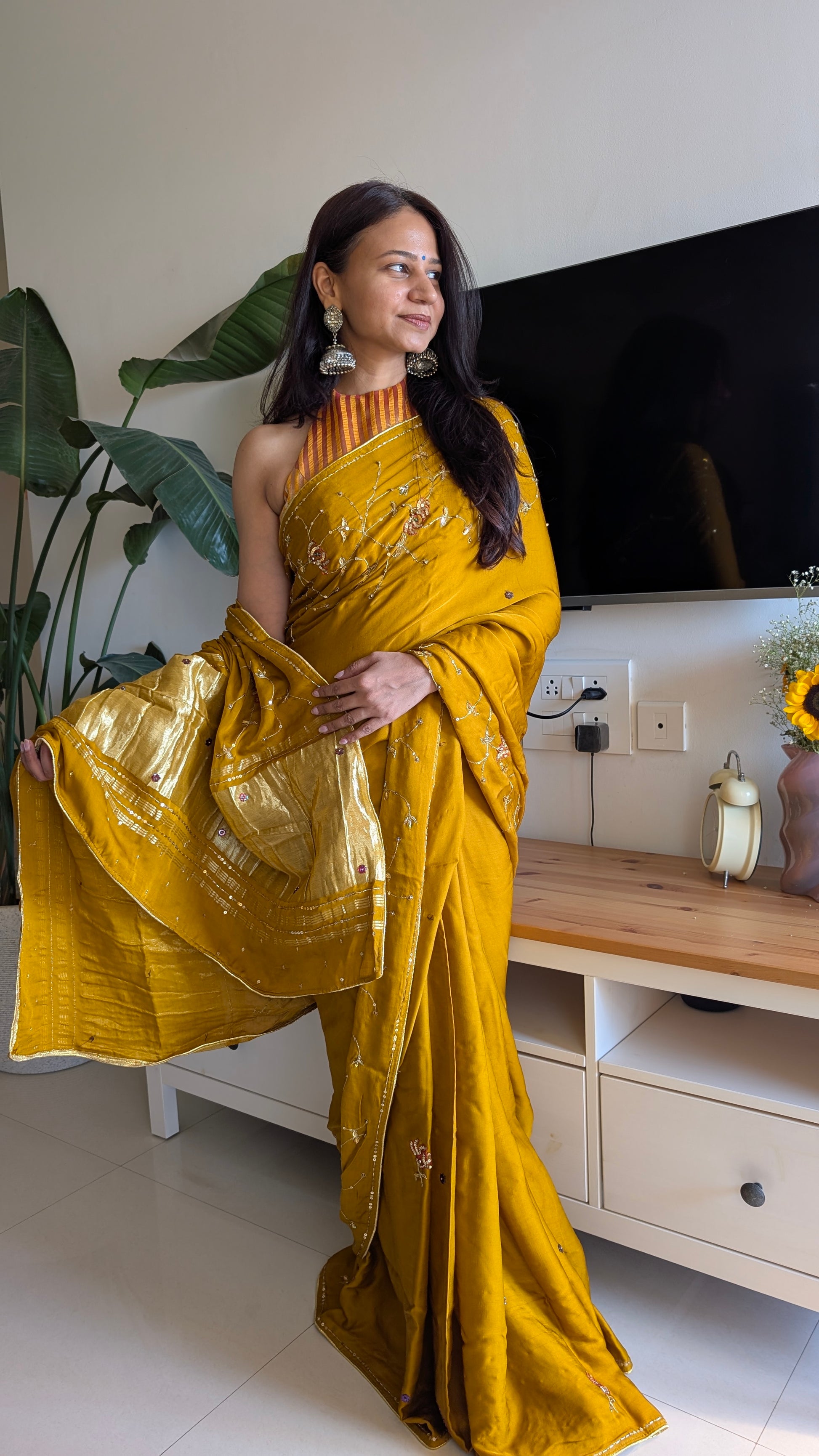 Modal silk saree with handwork in mustard yellow from therangbhoomi collection