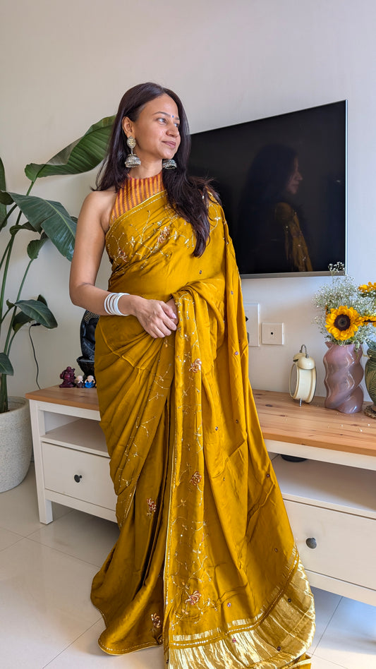 therangbhoomi collection modal silk saree with handwork in mustard yellow