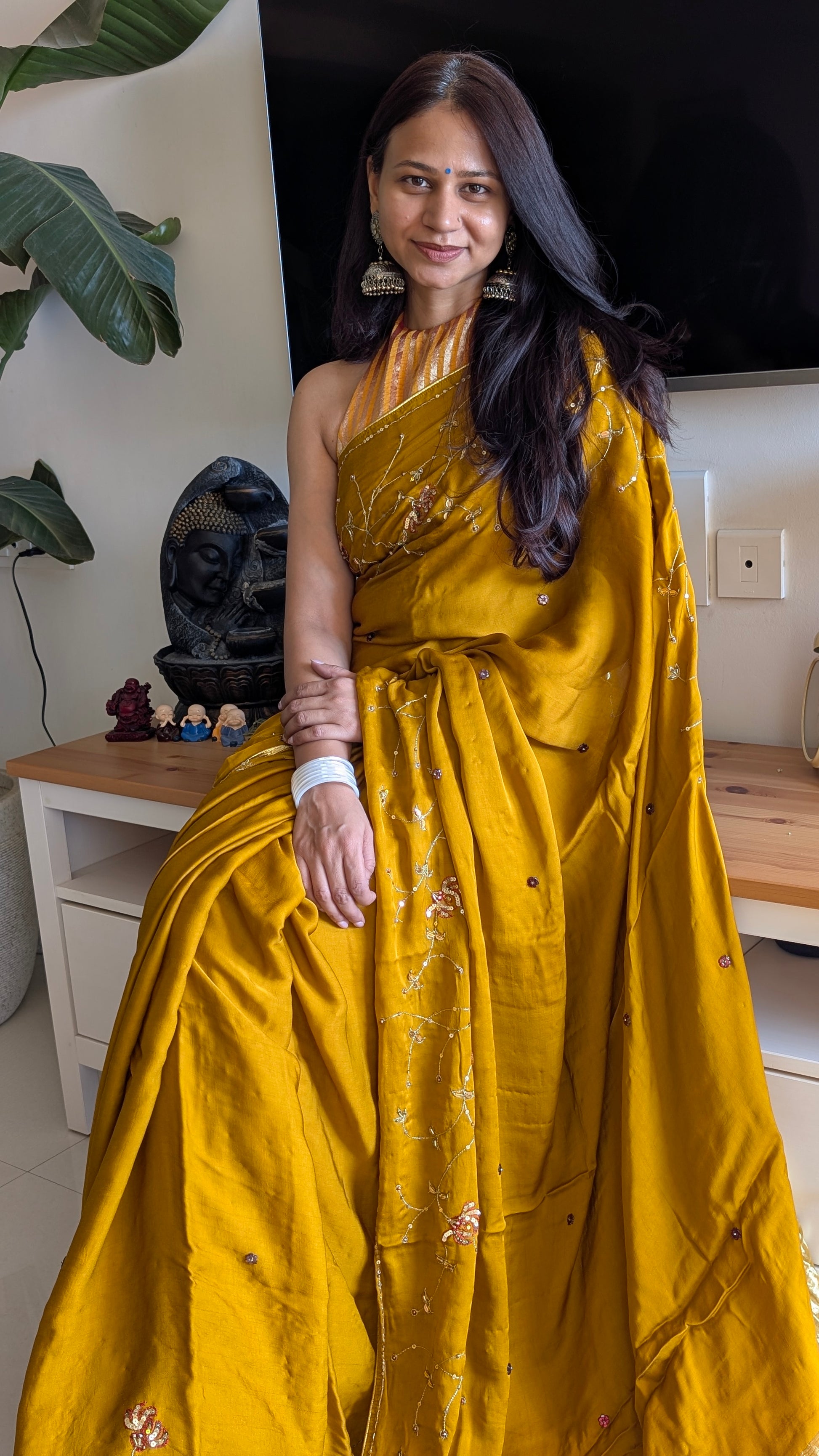Mustard Yellow Premium modal silk saree with hand embroidery from therangbhoomi collection