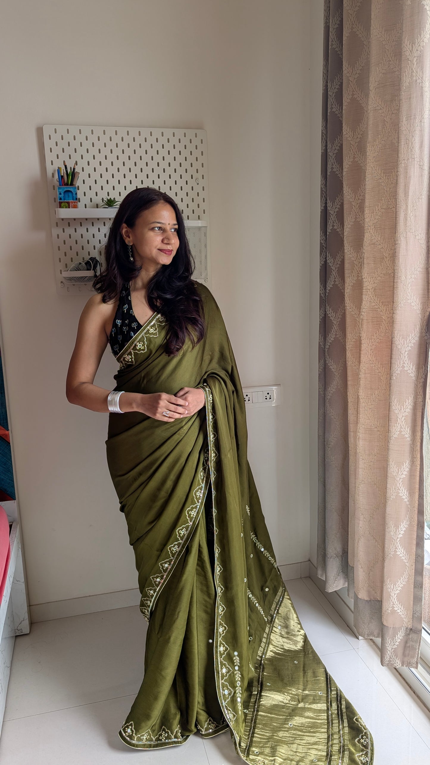 Olive Green Hand Embroidery Saree in Modal Silk | TheRangBhoomi