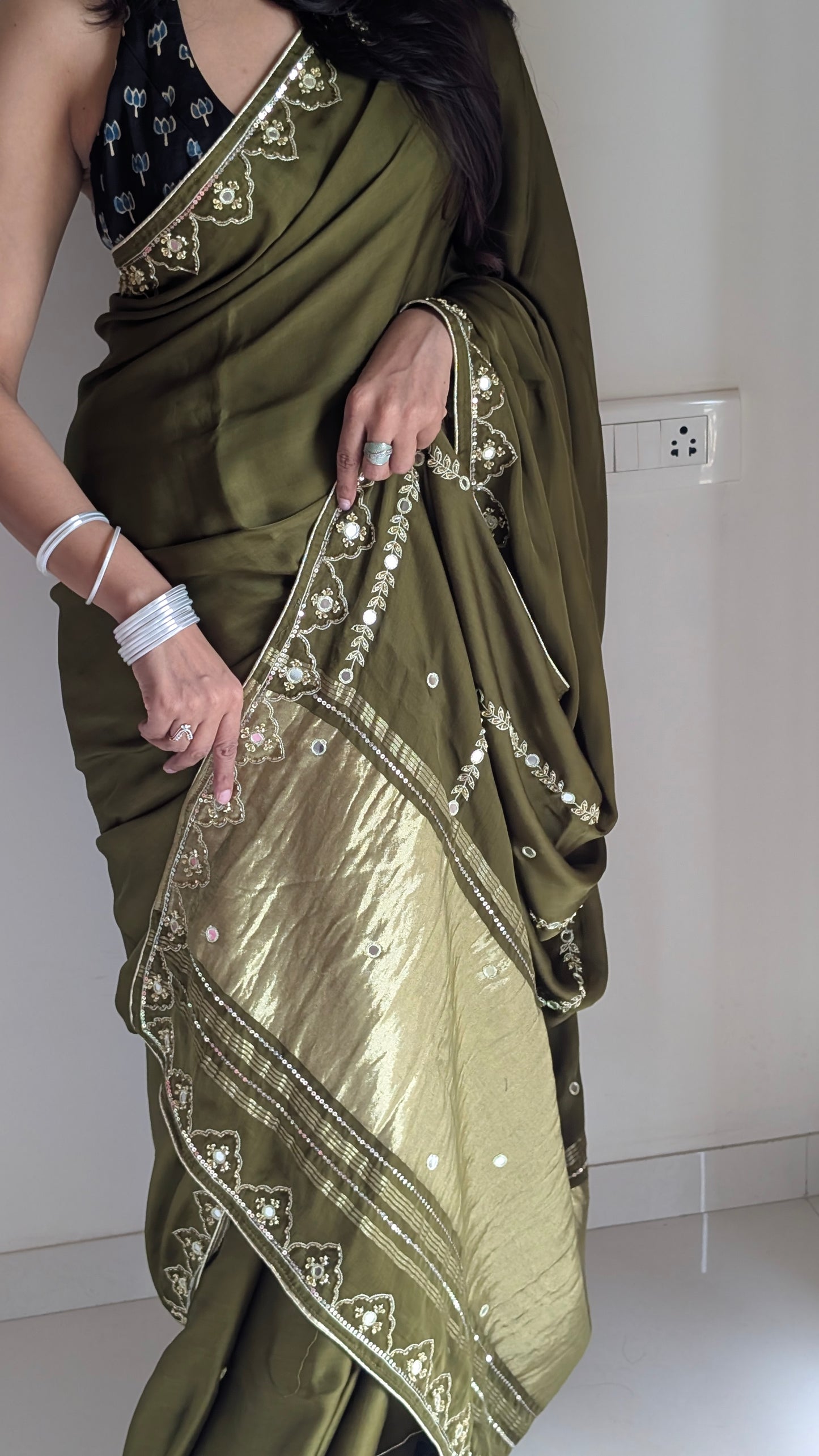 Olive Green Hand Embroidery Saree in Modal Silk | TheRangBhoomi