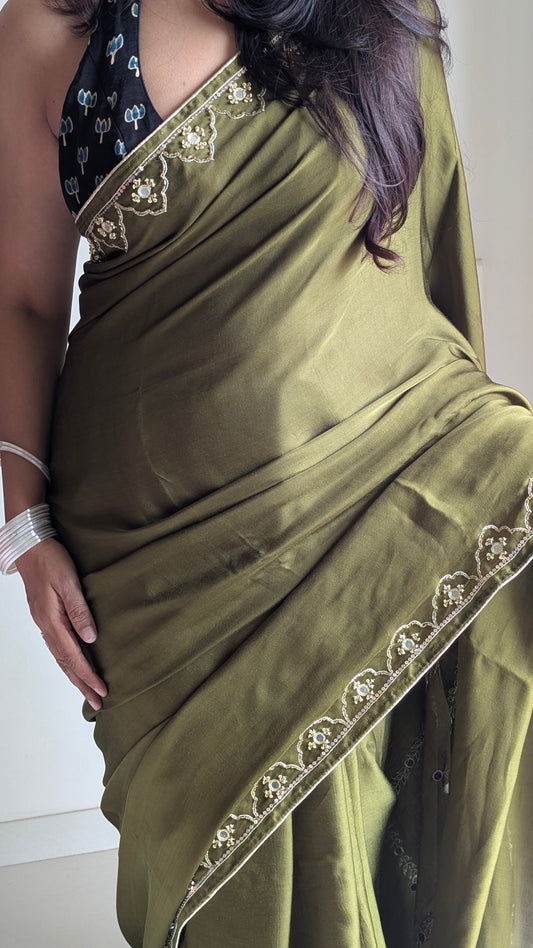 Olive Green Hand Embroidery Saree in Modal Silk | TheRangBhoomi