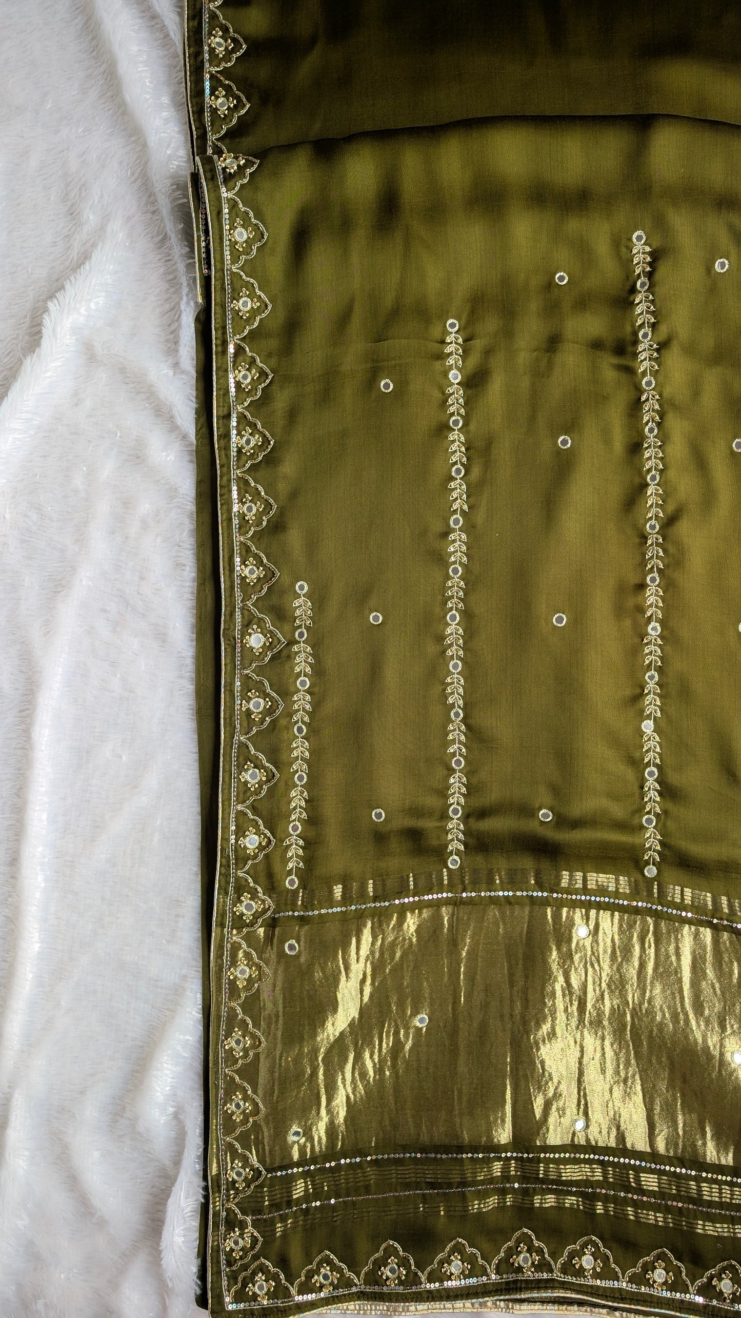 Olive Green Hand Embroidery Saree in Modal Silk | TheRangBhoomi