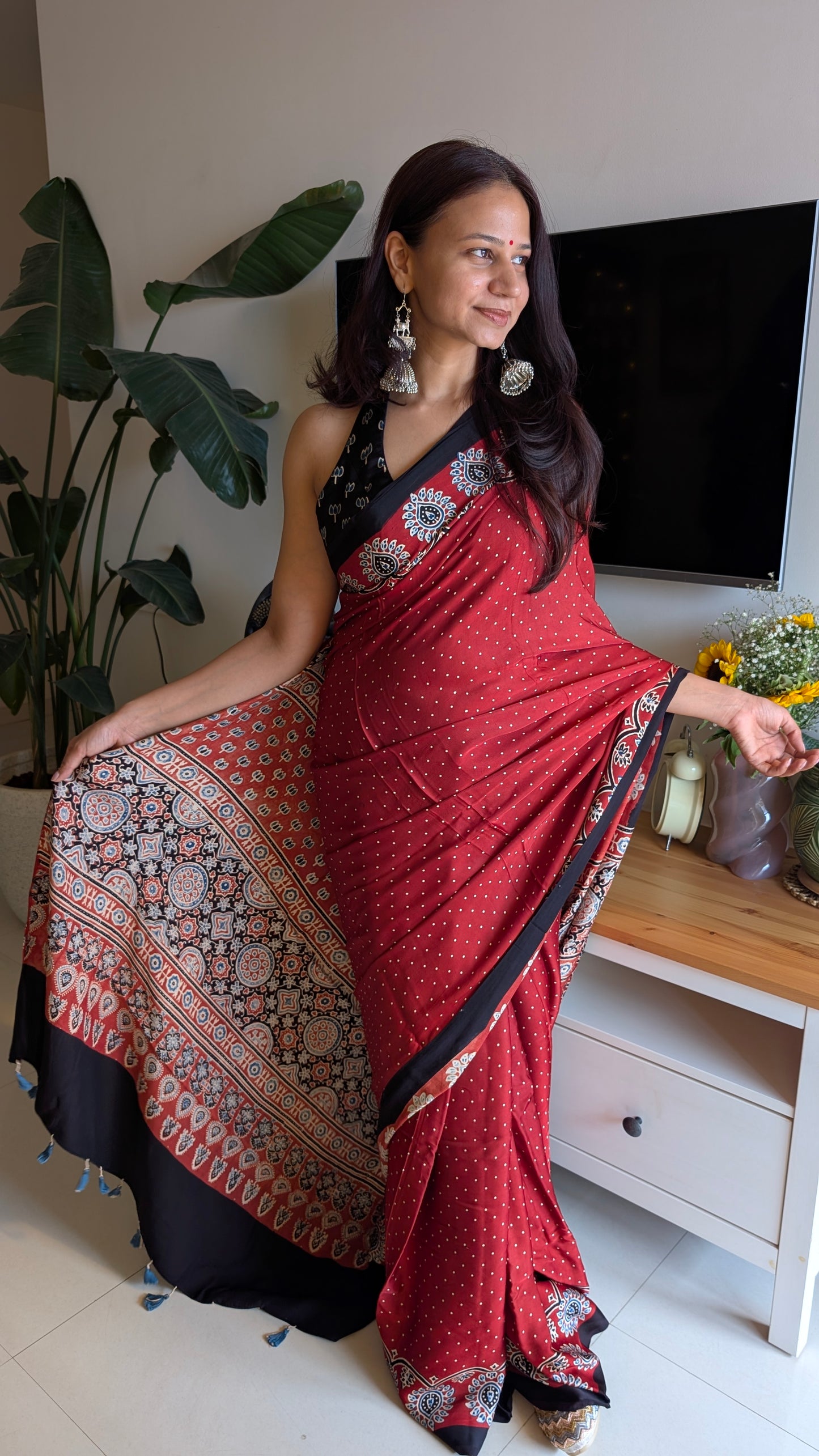 TheRangBhoomi's Red Ajrakh Saree in modal silk modern design Ajrakh