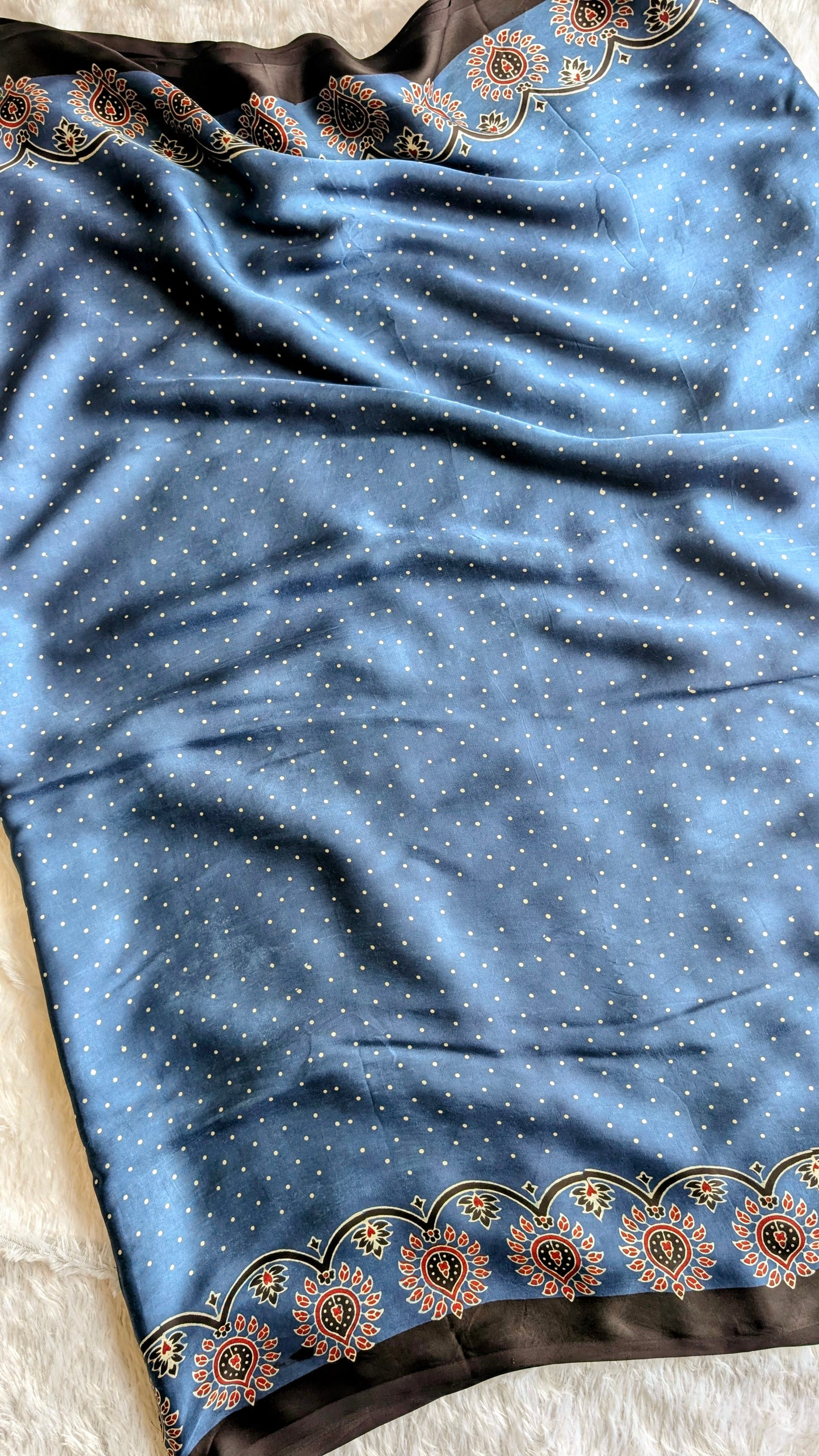 ajrakh saree in modal silk from therangbhoomi , beautiful modern design ajrakh saree in blue indigo color