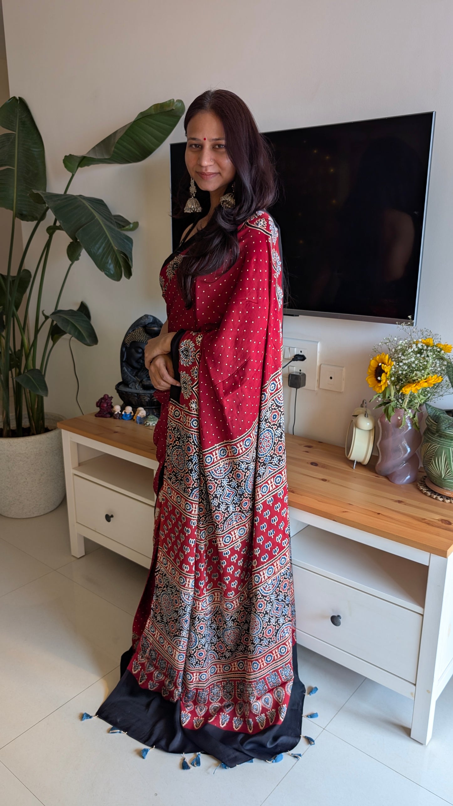 therangbhoomi red ajrakh saree