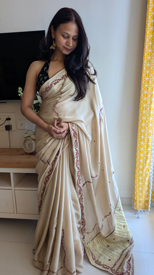 Modal Silk Premium Cream Ivory Saree With intricate hand embroidery from therangbhoomi collection
