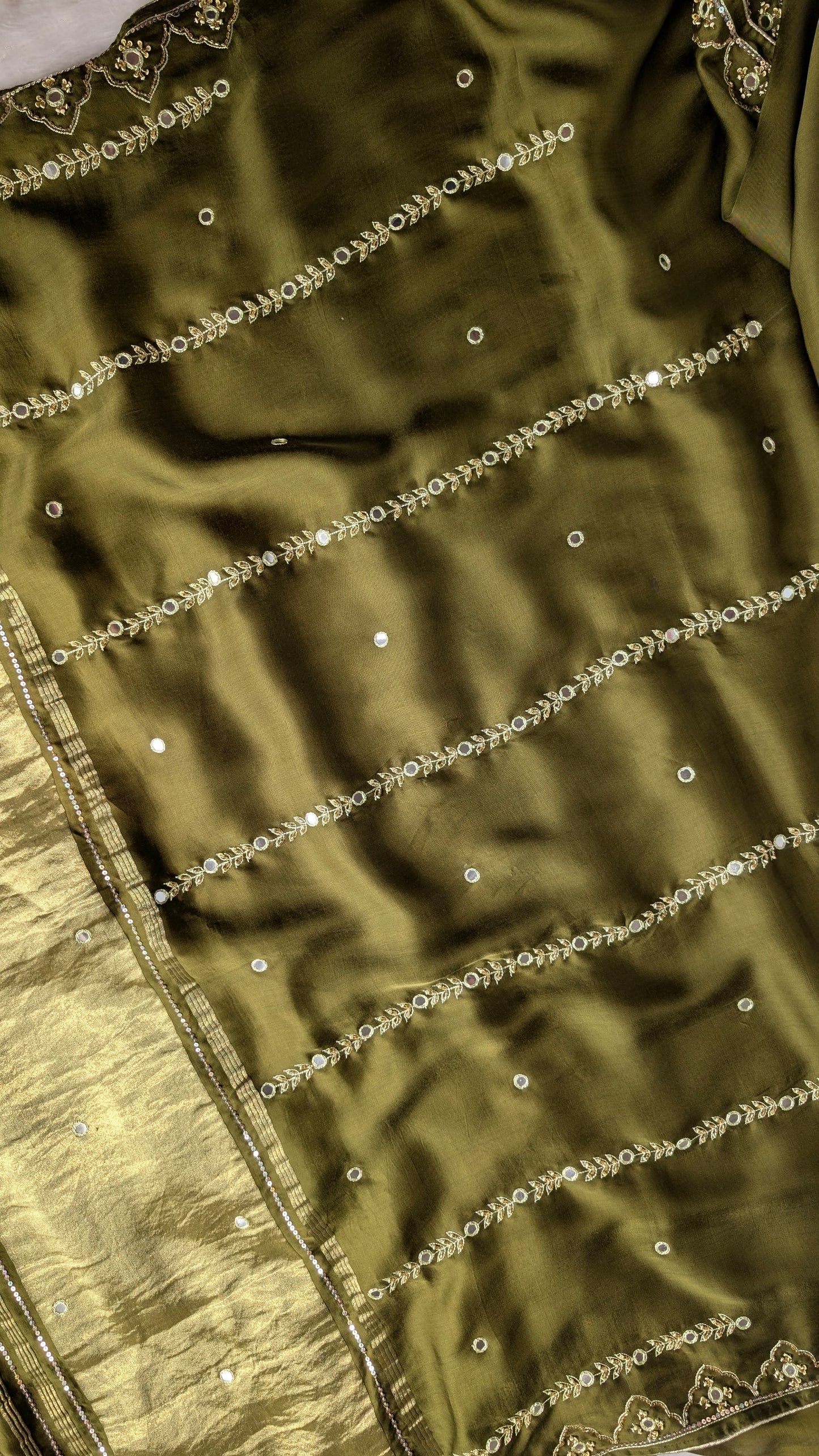 Olive Green Hand Embroidery Saree in Modal Silk | TheRangBhoomi