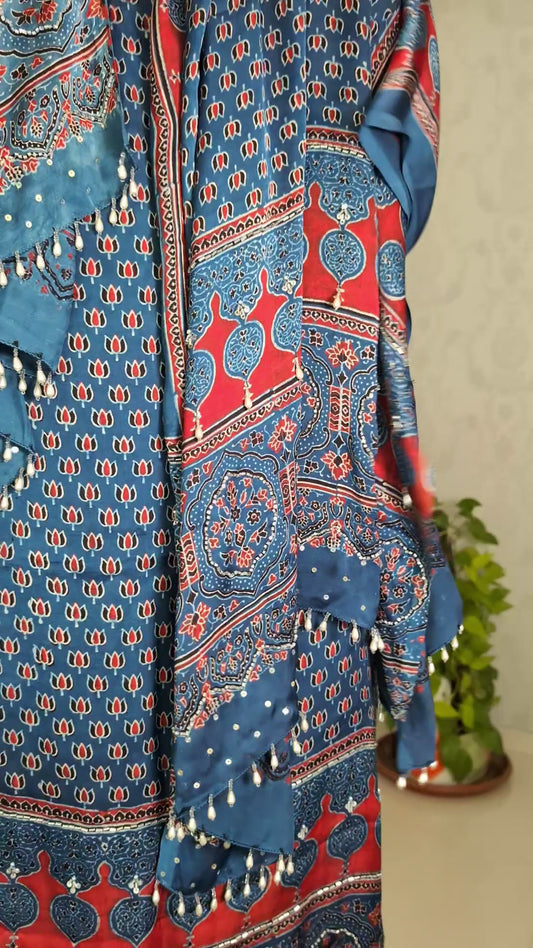 Ajrakh Modal Silk | Suit Set | Blue | Handembroidery | 3 PC
