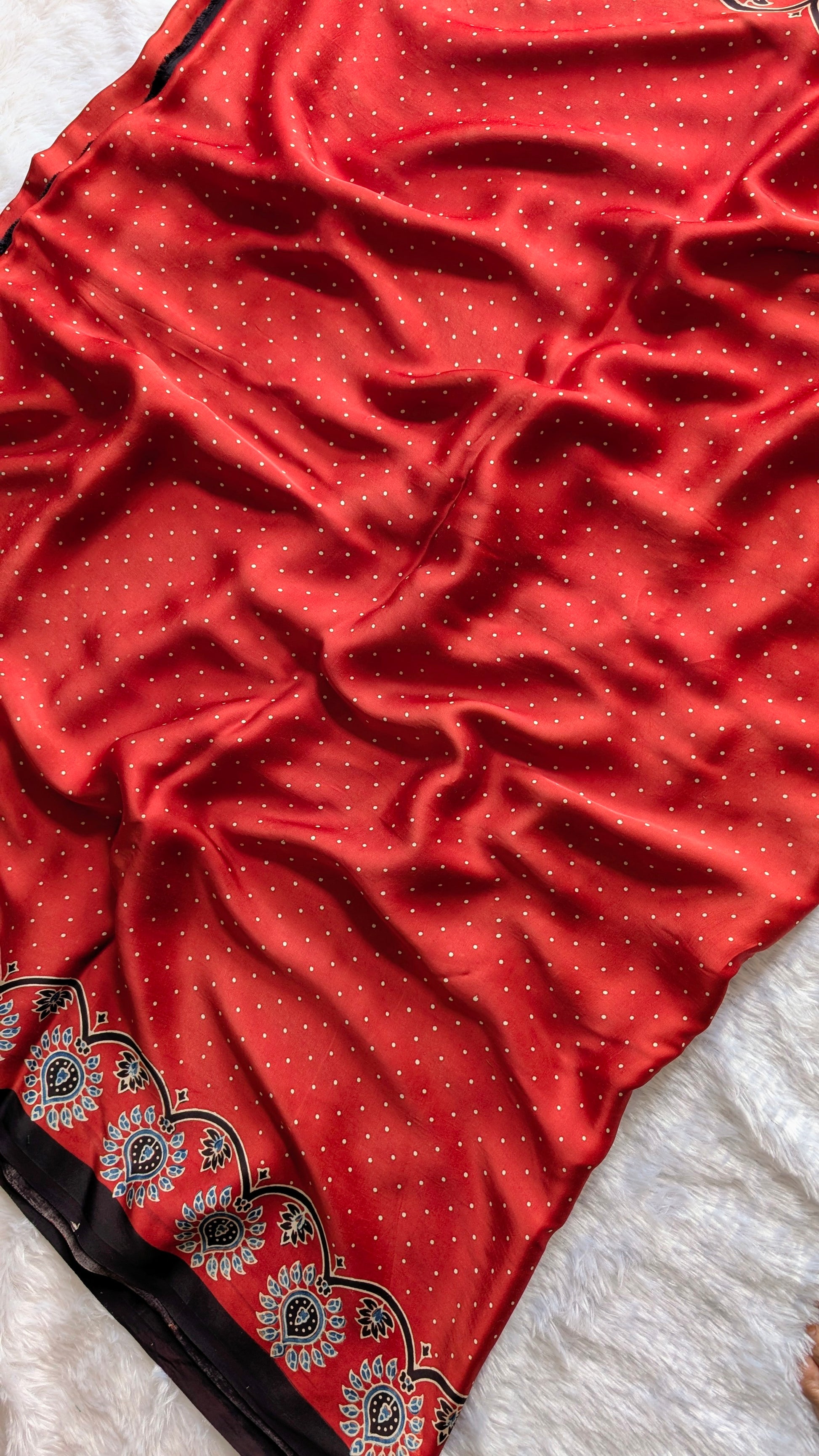 therangbhoomi beautiful modal silk ajrakh saree in red color with white polka dots 