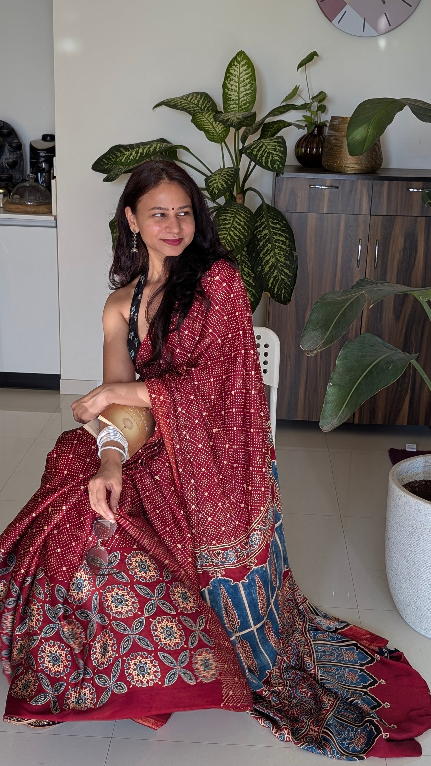 Ajrakh Saree in Modal Silk - Hand Block Print and Naturally Dyed | TheRangBhoomi