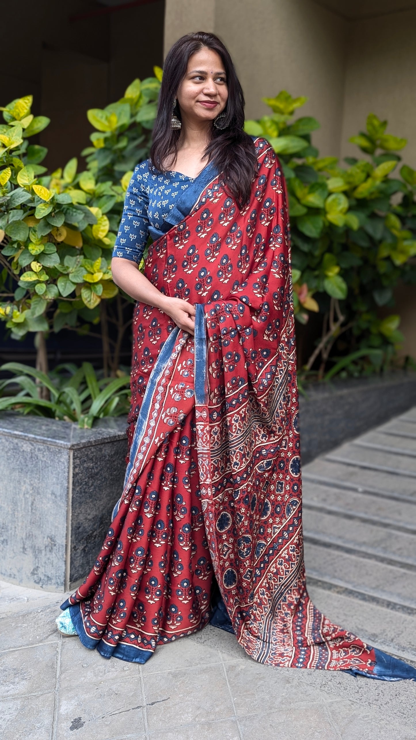[PRE ORDER ONLY] Ajrakh Saree in Modal Silk - Hand Block Print and Naturally Dyed | TheRangBhoomi