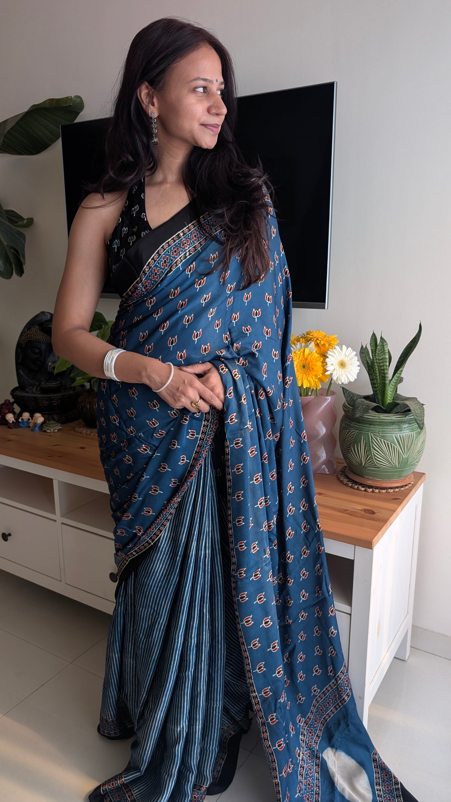 Indigo Ajrakh Saree in Modal Silk - Hand Block Print and Naturally Dyed | TheRangBhoomi