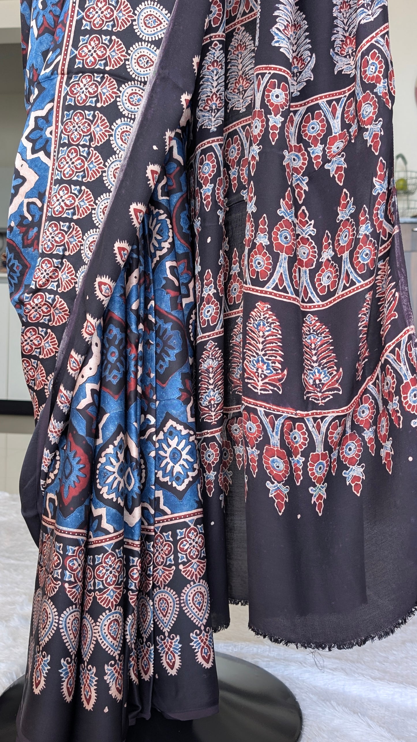 Ajrakh Saree in Modal Silk - Hand Block Print and Naturally Dyed | TheRangBhoomi