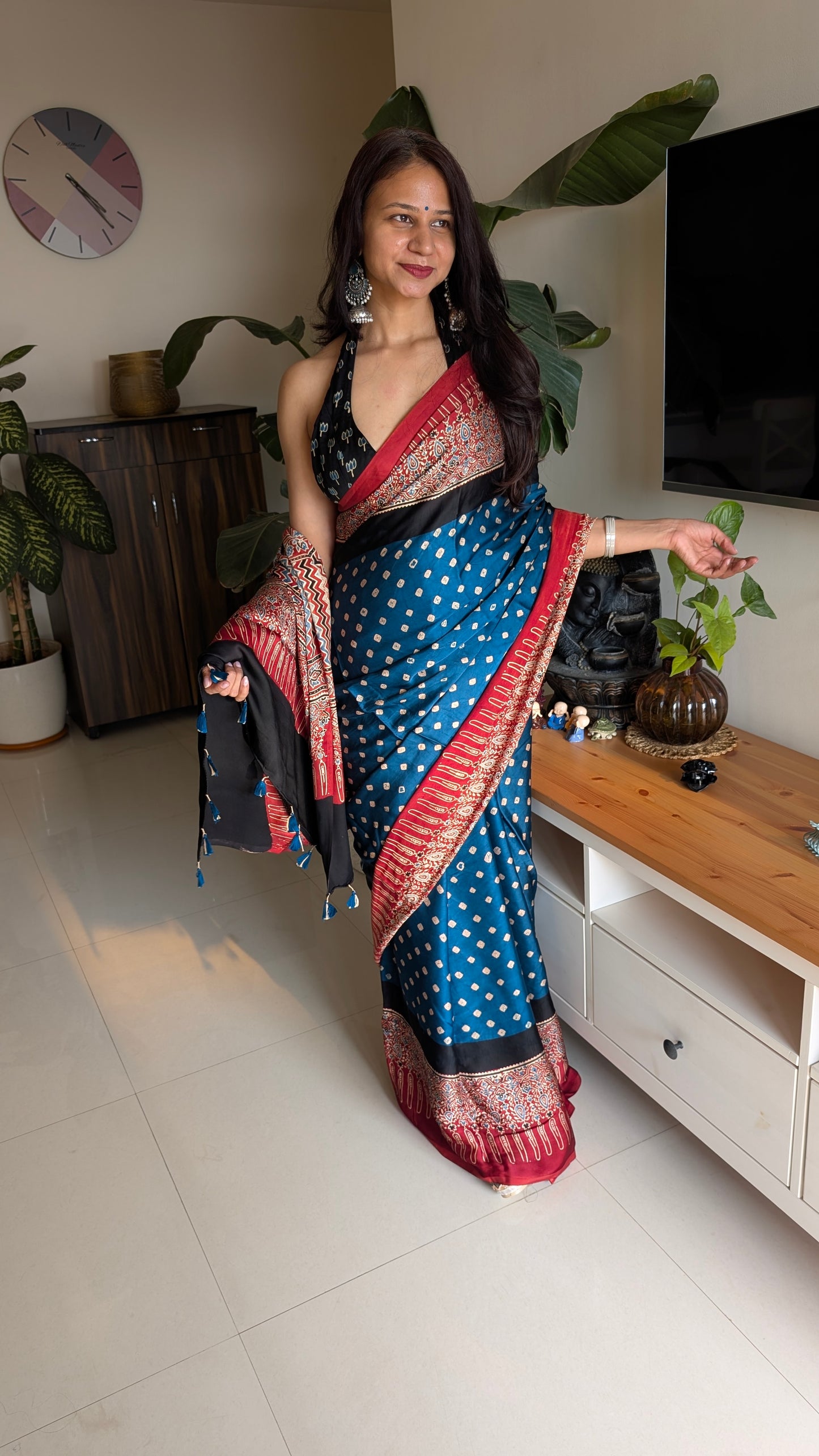 Bandhani Saree with Ajrakh Pallu | TheRangBhoomi Fusion Saree | Peacock Blue