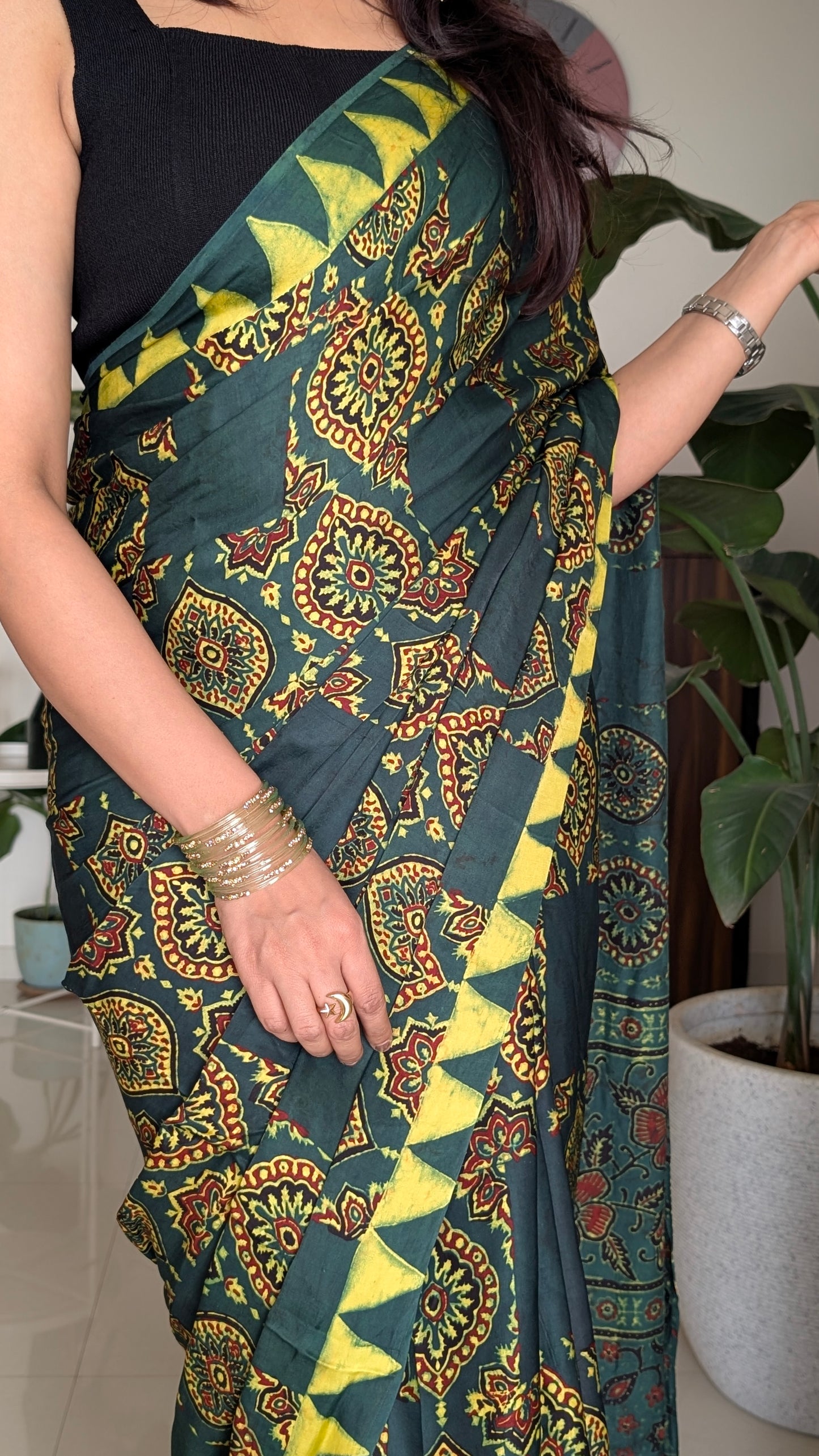 Ajrakh Saree | Modal Silk | Naturally Dyed Handcrafted Saree | Green