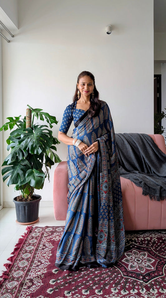 [PRE ORDER ONLY] Ajrakh Saree in Modal Silk - Hand Block Print and Naturally Dyed | TheRangBhoomi