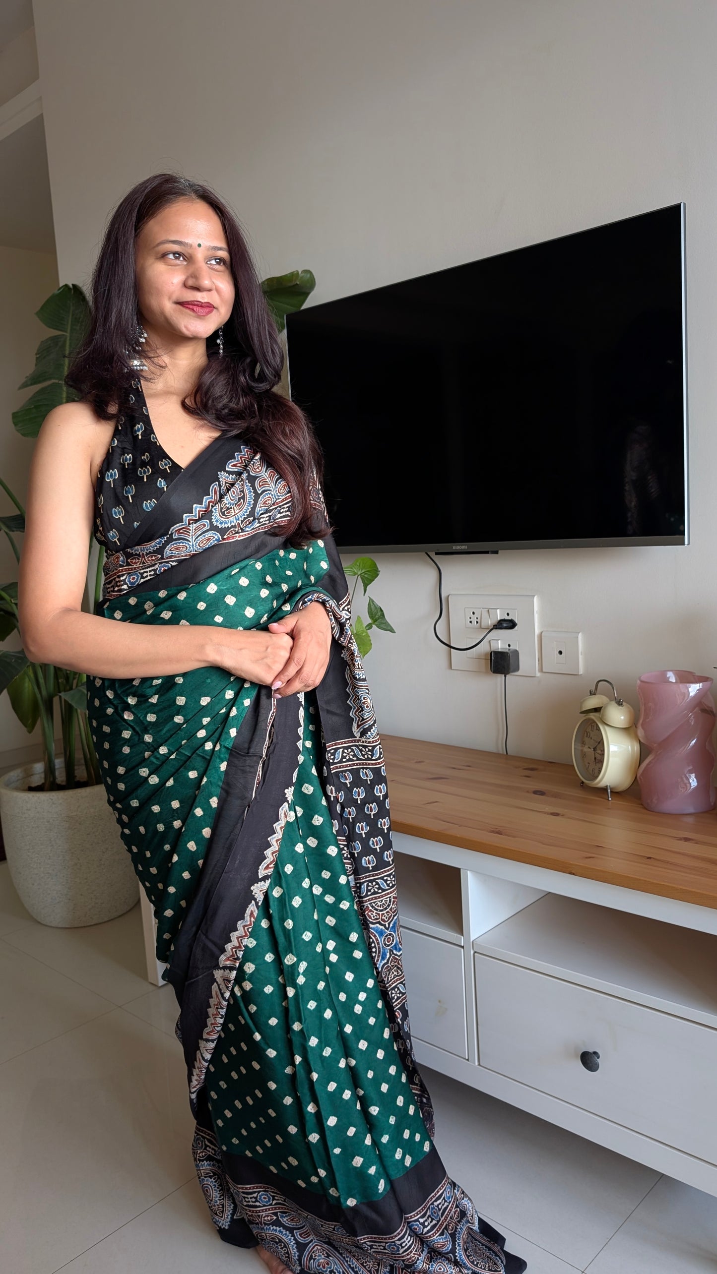Green Bandhani Saree with Ajrakh Pallu | TheRangBhoomi Fusion Saree