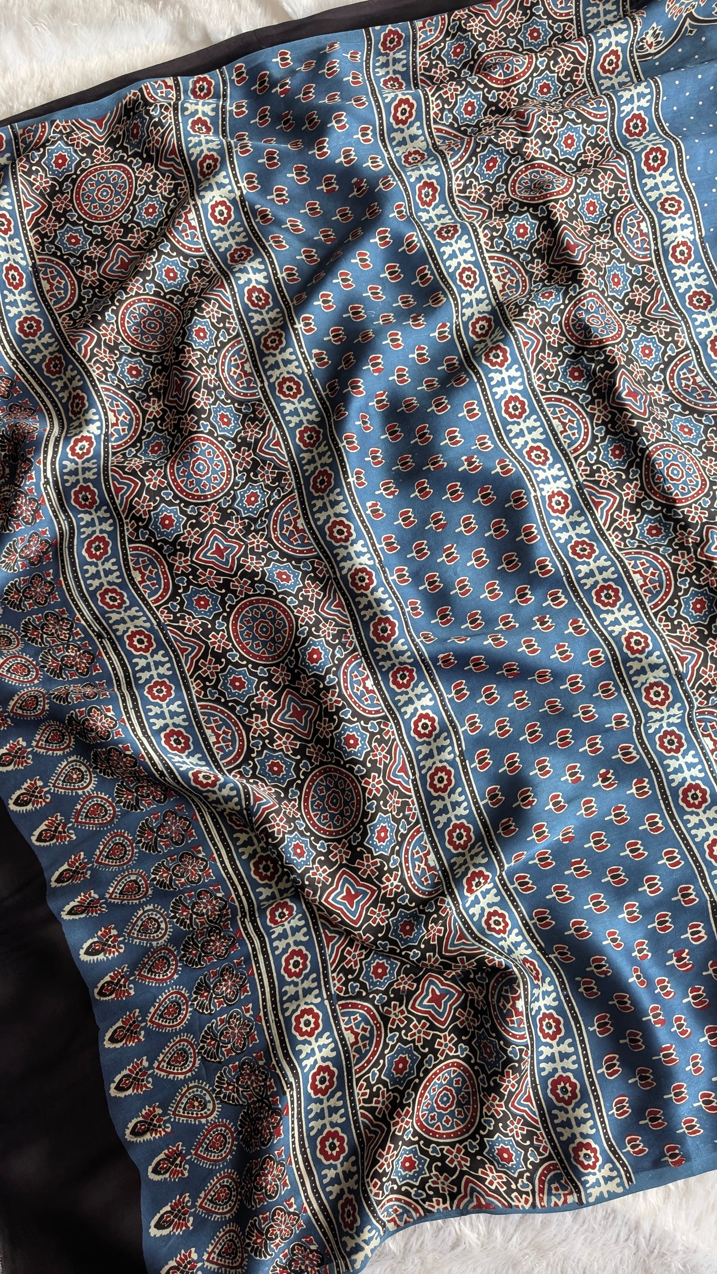 Indigo Ajrakh Saree in Modal Silk - Hand Block Print and Naturally Dyed | TheRangBhoomi