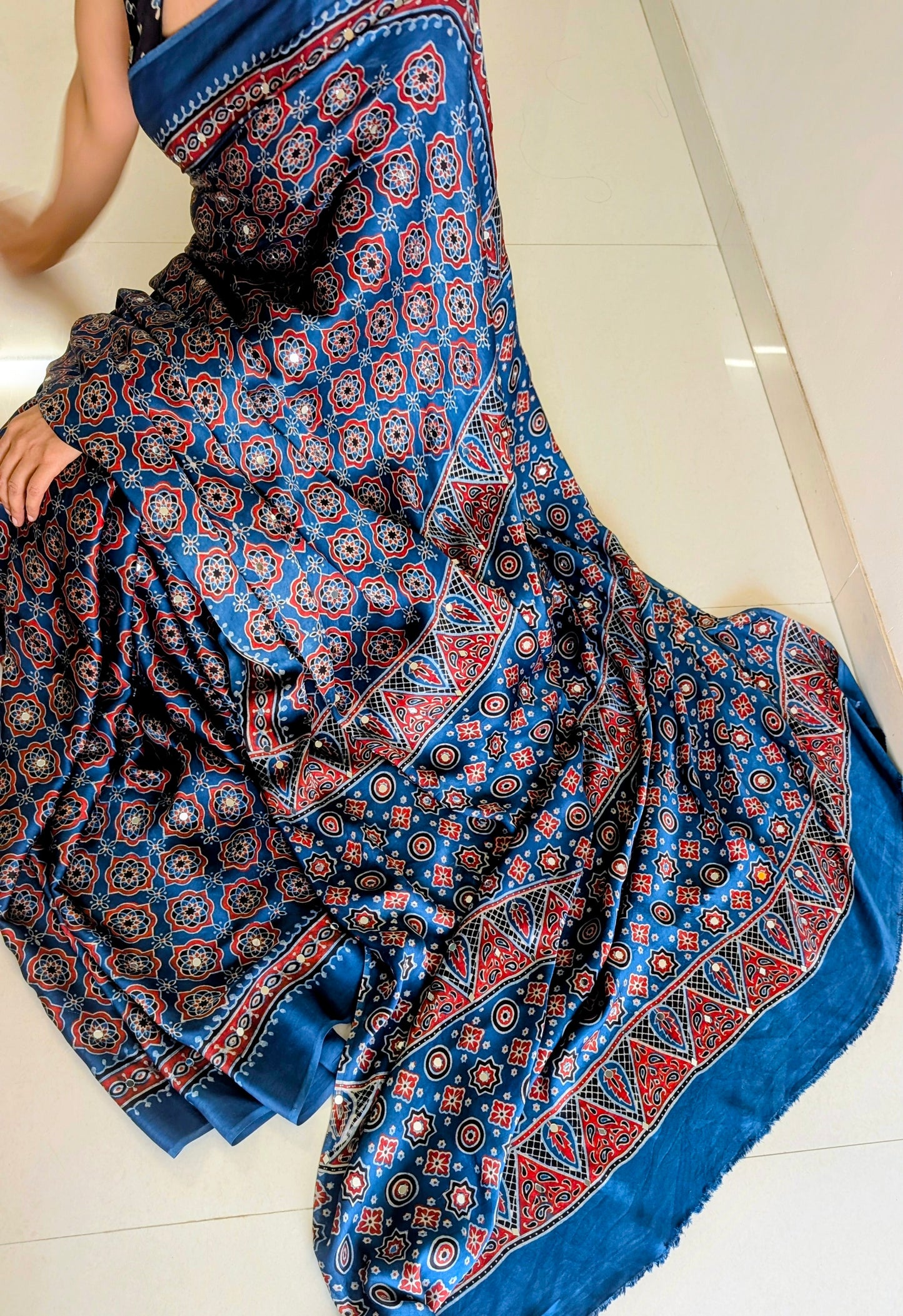 Blue and Red Ajrakh modal silk mirror work saree | TheRangBhoomi