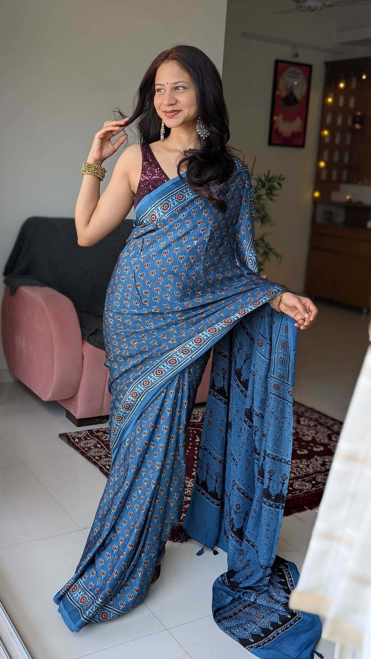 [PRE ORDER ONLY] Ajrakh Saree in Modal Silk - Hand Block Print and Naturally Dyed | TheRangBhoomi