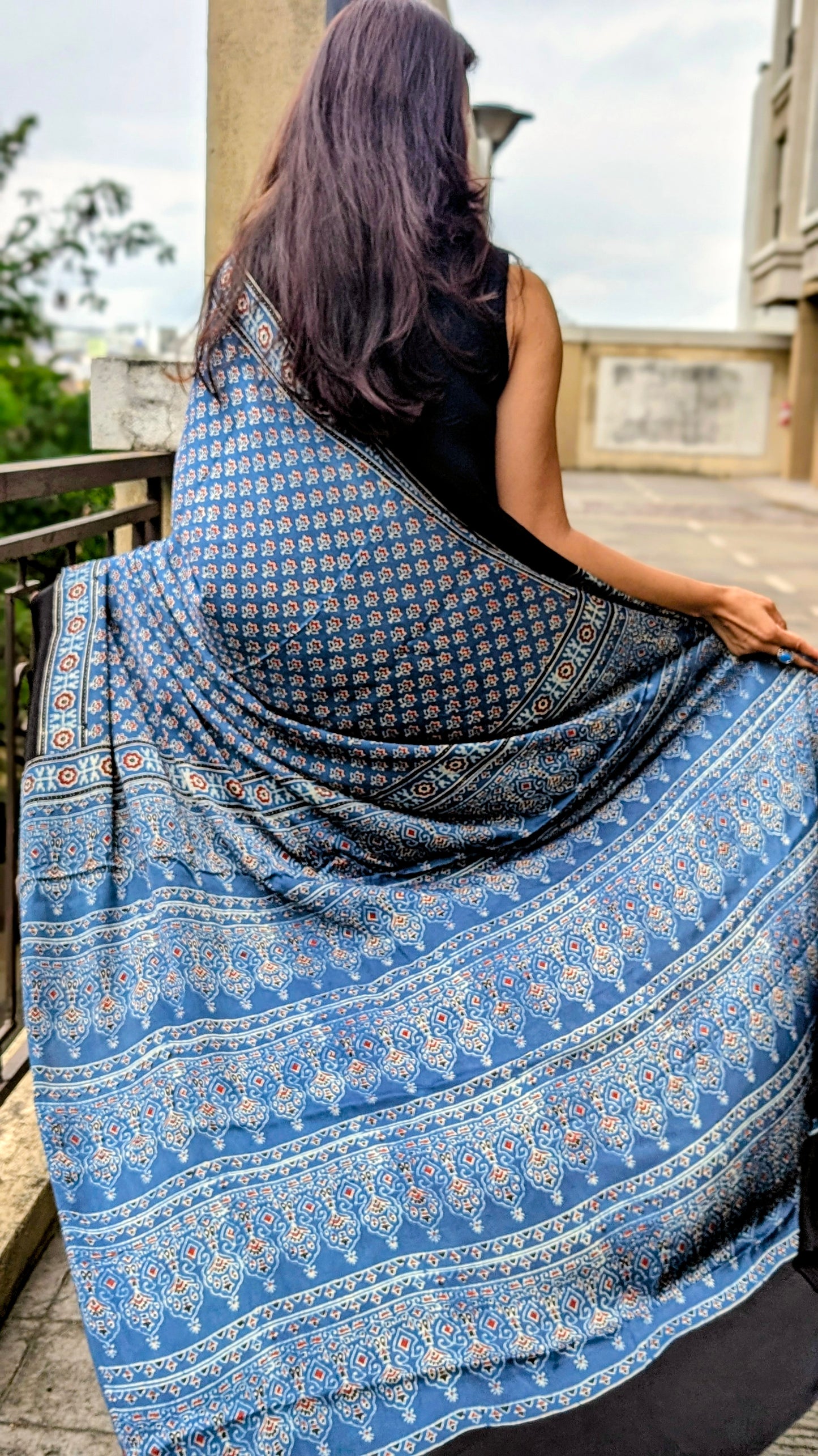 [PRE ORDER ONLY] Ajrakh Saree in Modal Silk - Hand Block Print and Naturally Dyed | TheRangBhoomi