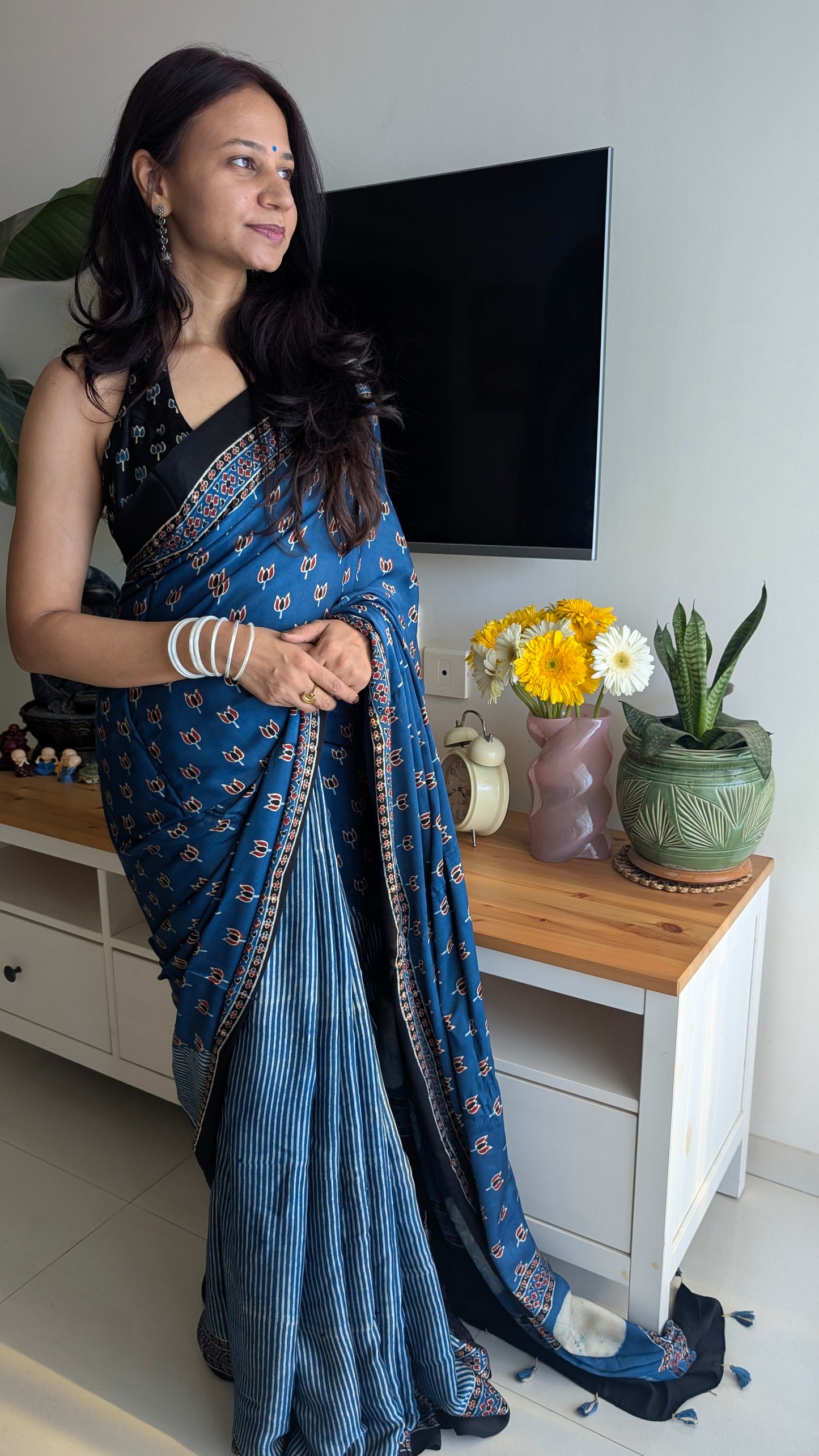 Indigo Ajrakh Saree in Modal Silk - Hand Block Print and Naturally Dyed | TheRangBhoomi