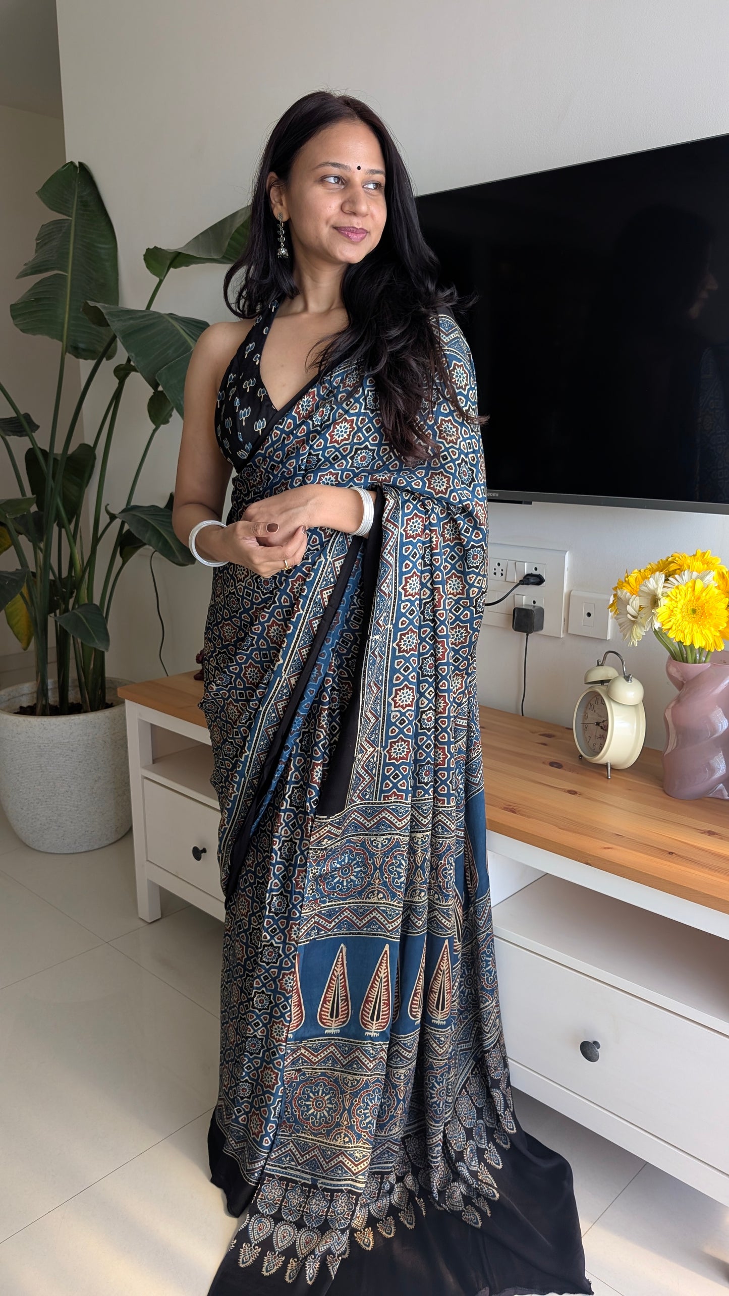 Ajrakh Saree in Modal Silk - Hand Block Print and Naturally Dyed | TheRangBhoomi