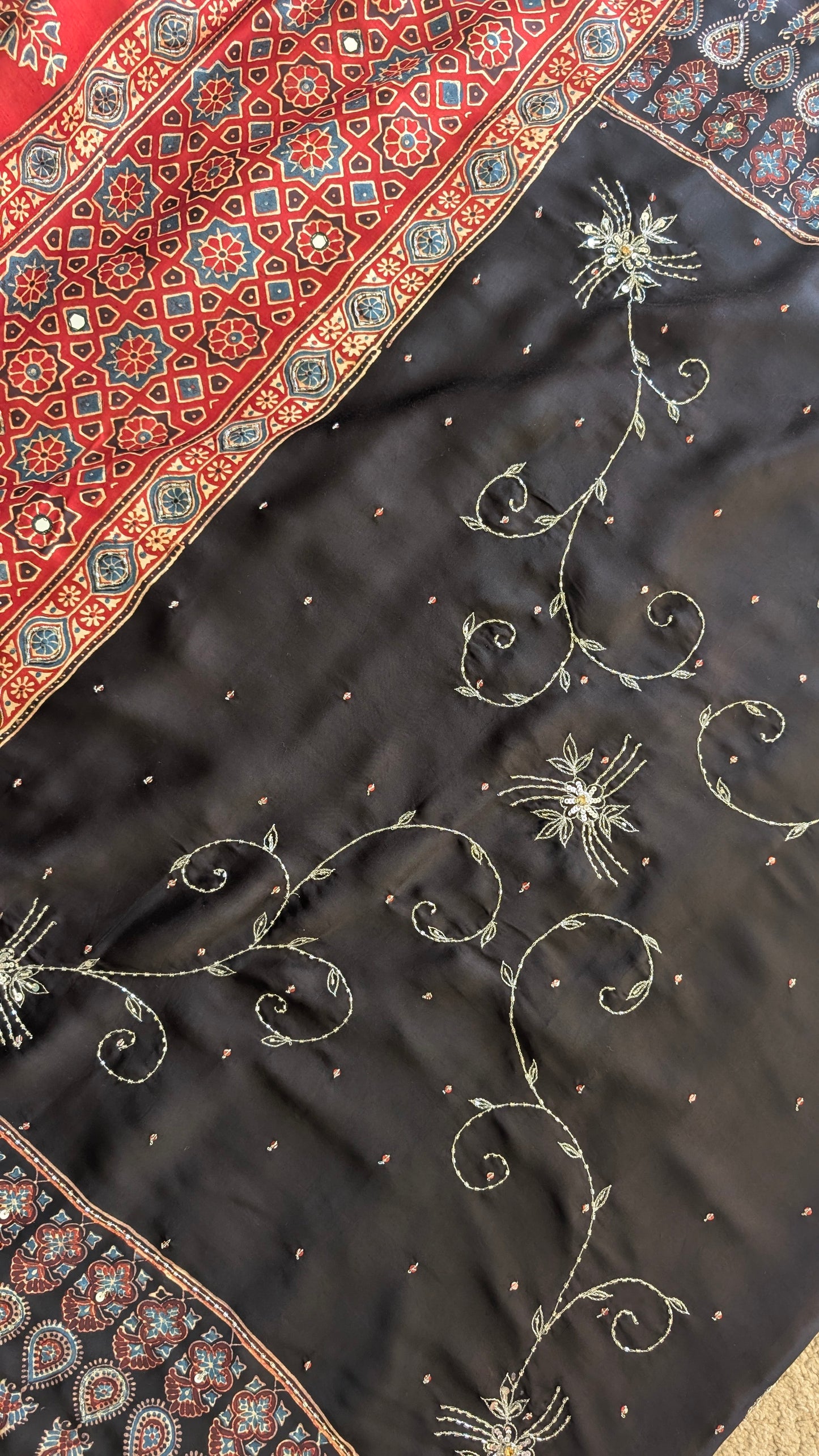 Black Ajrakh Hand Embroidery Saree in Modal Silk | TheRangBhoomi