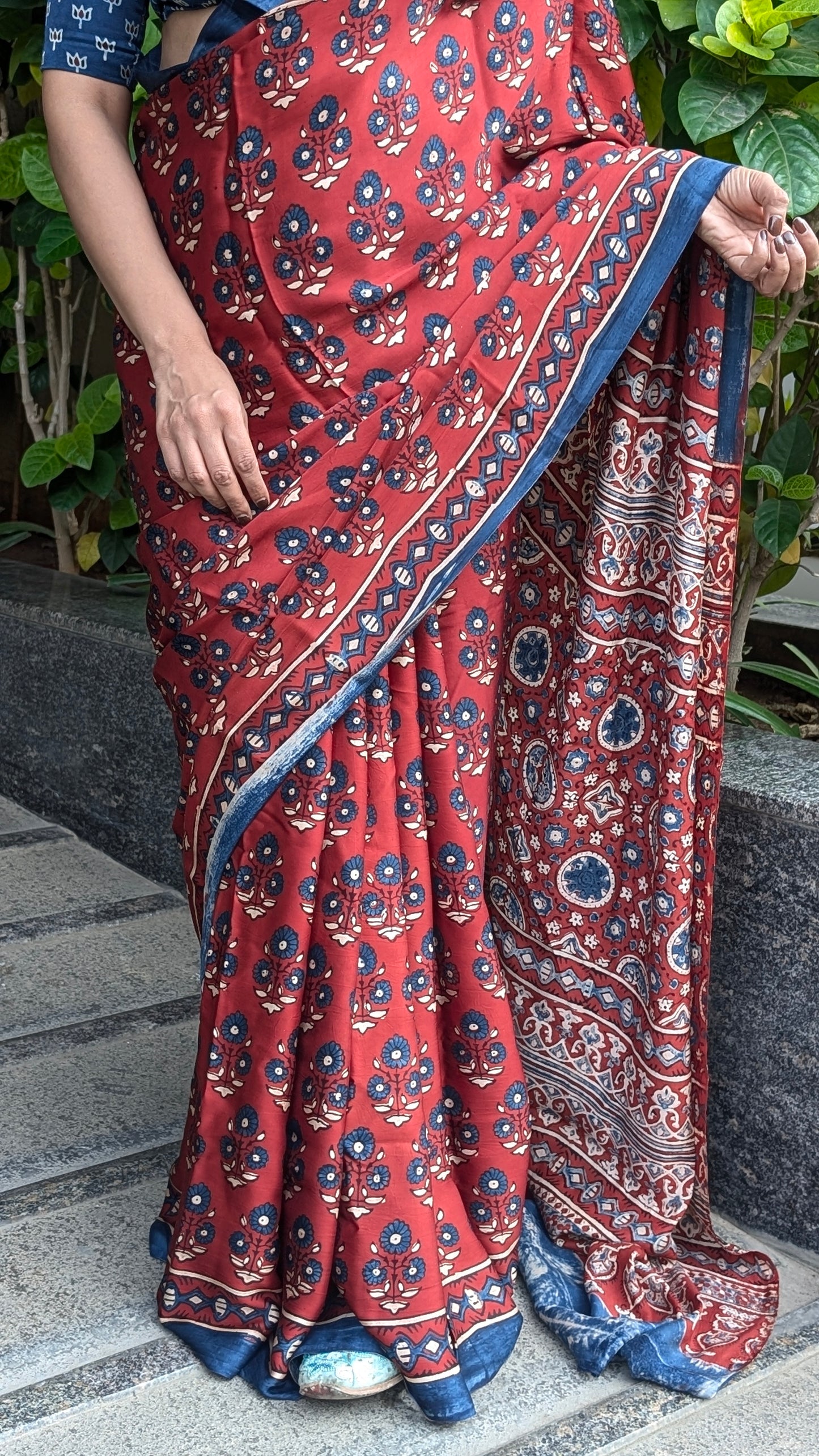[PRE ORDER ONLY] Ajrakh Saree in Modal Silk - Hand Block Print and Naturally Dyed | TheRangBhoomi
