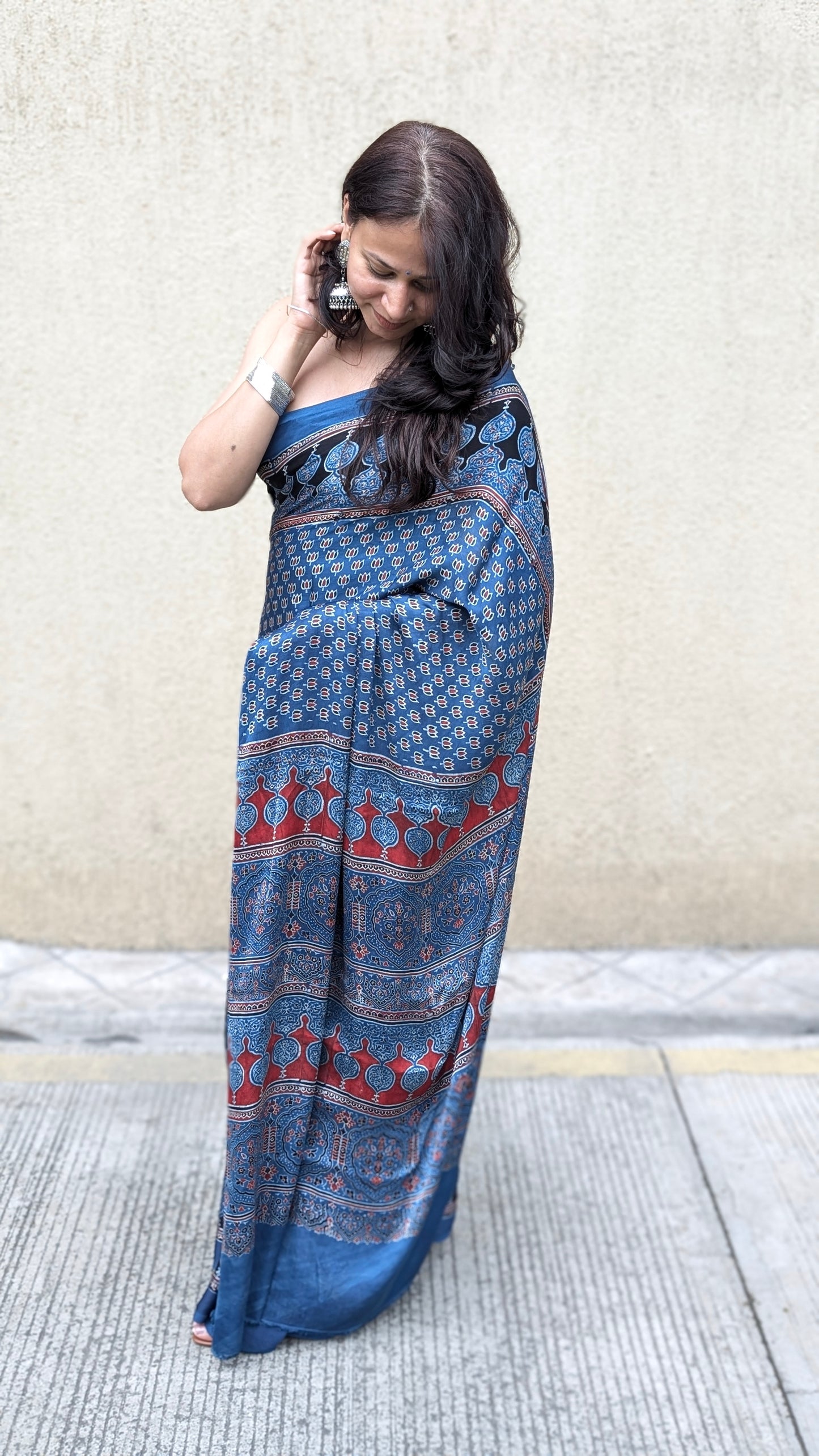 [PRE ORDER ONLY] Ajrakh Saree in Modal Silk - Hand Block Print and Naturally Dyed | TheRangBhoomi