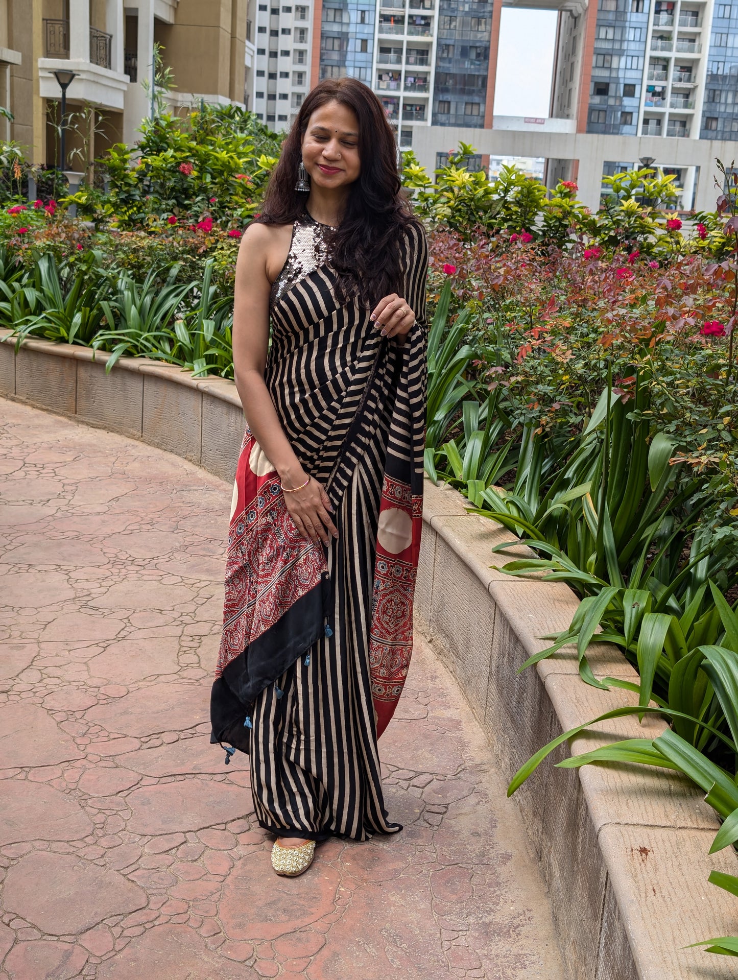 [PRE ORDER ONLY] Ajrakh Saree in Modal Silk - Hand Block Print and Naturally Dyed | TheRangBhoomi