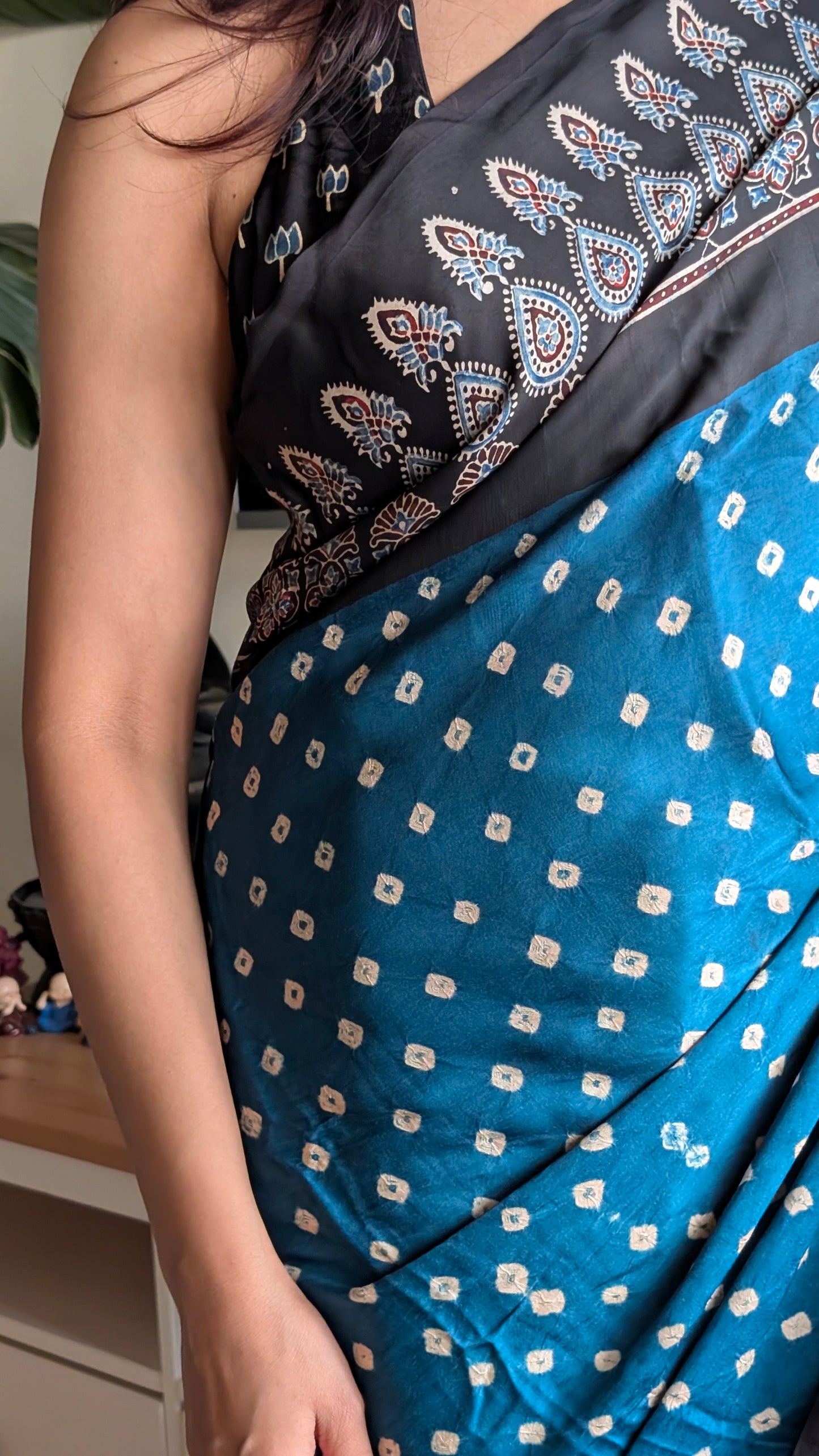 Blue Bandhani Saree with Ajrakh Pallu | TheRangBhoomi Fusion Saree | Peacock Blue