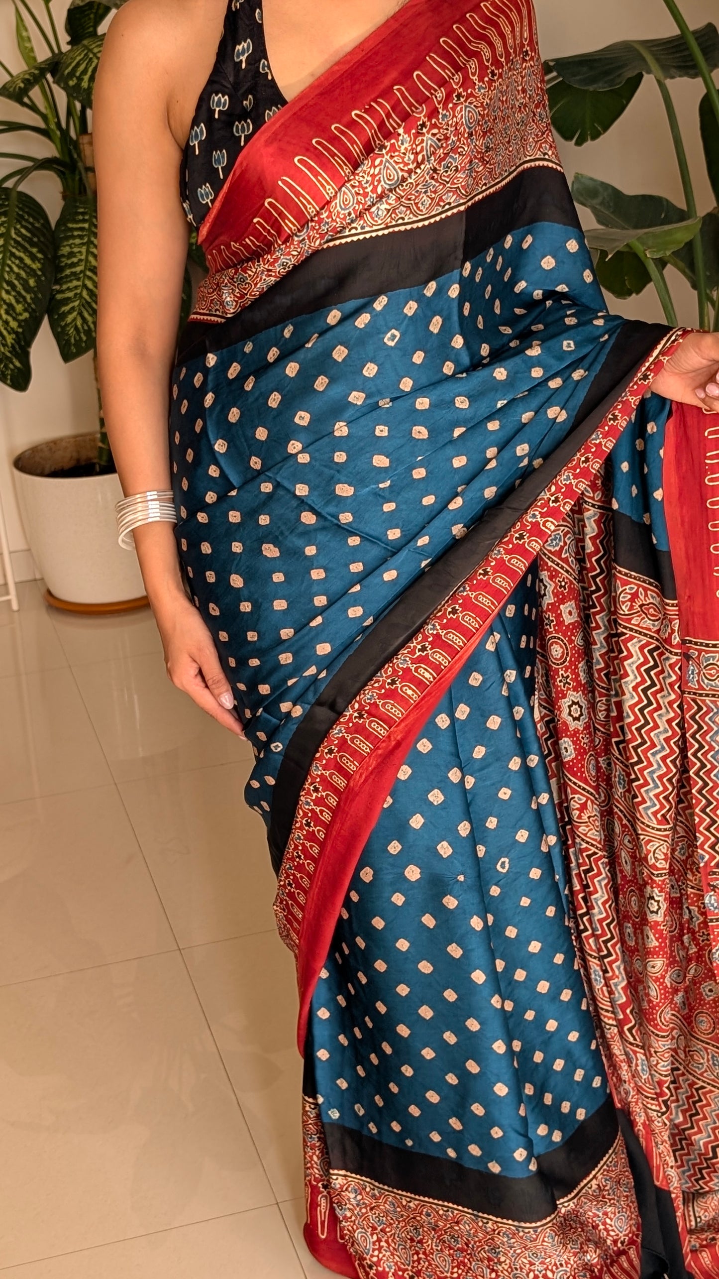 Bandhani Saree with Ajrakh Pallu | TheRangBhoomi Fusion Saree | Peacock Blue