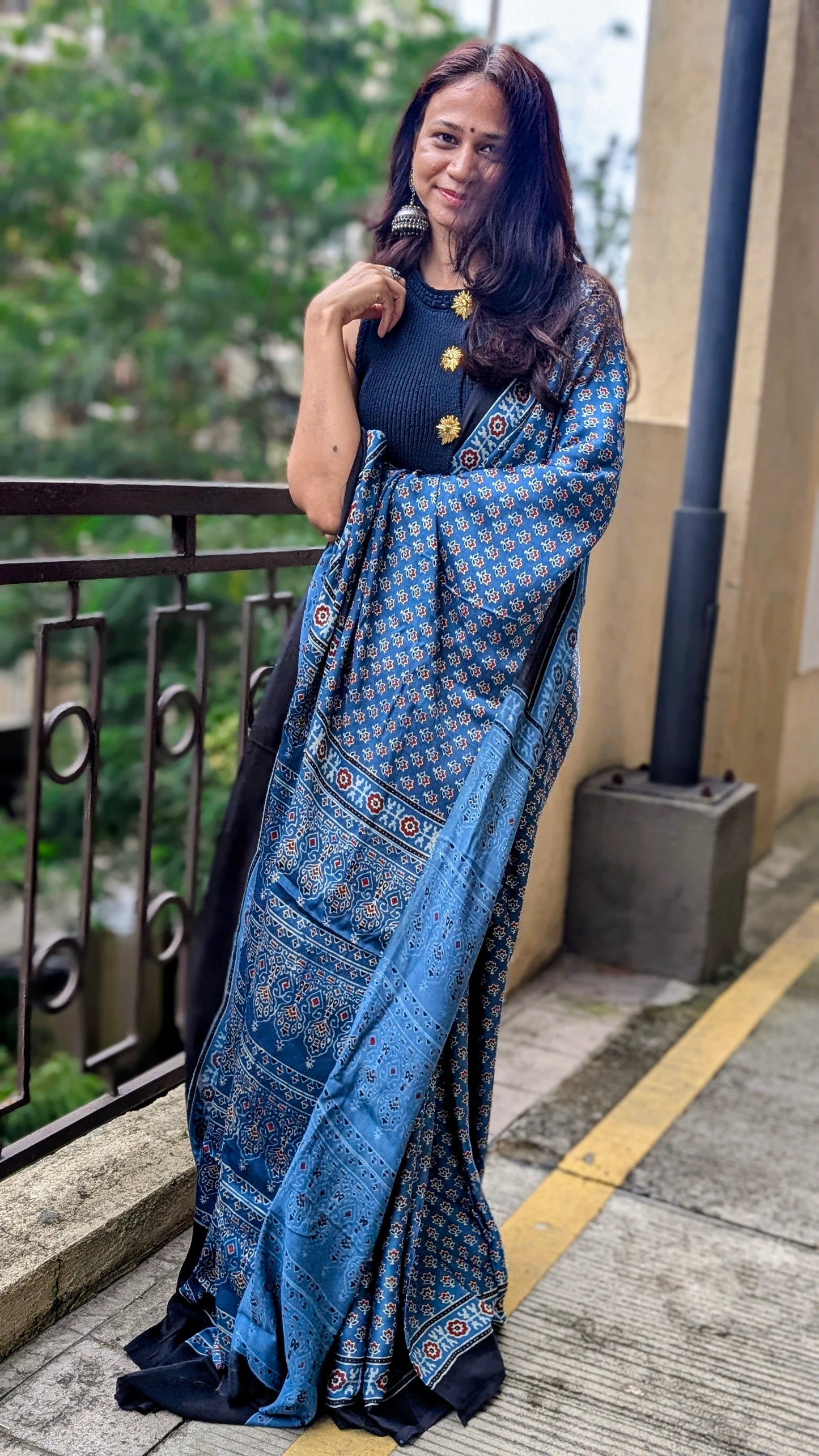 [PRE ORDER ONLY] Ajrakh Saree in Modal Silk - Hand Block Print and Naturally Dyed | TheRangBhoomi