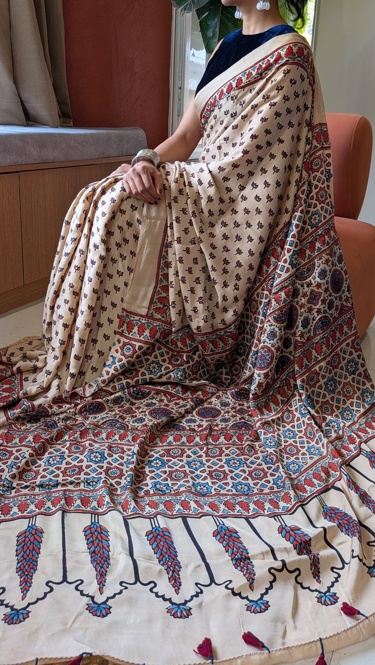 Ajrakh Saree in Modal Silk - Hand Block Print and Naturally Dyed | TheRangBhoomi