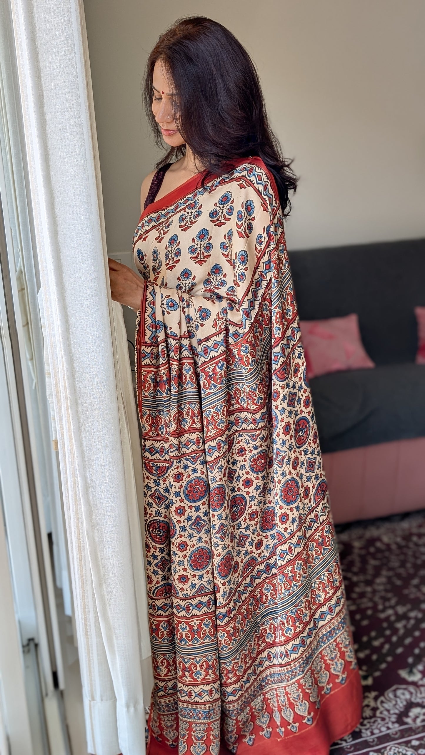 [PRE ORDER ONLY] Ajrakh Saree in Modal Silk - Hand Block Print and Naturally Dyed | TheRangBhoomi