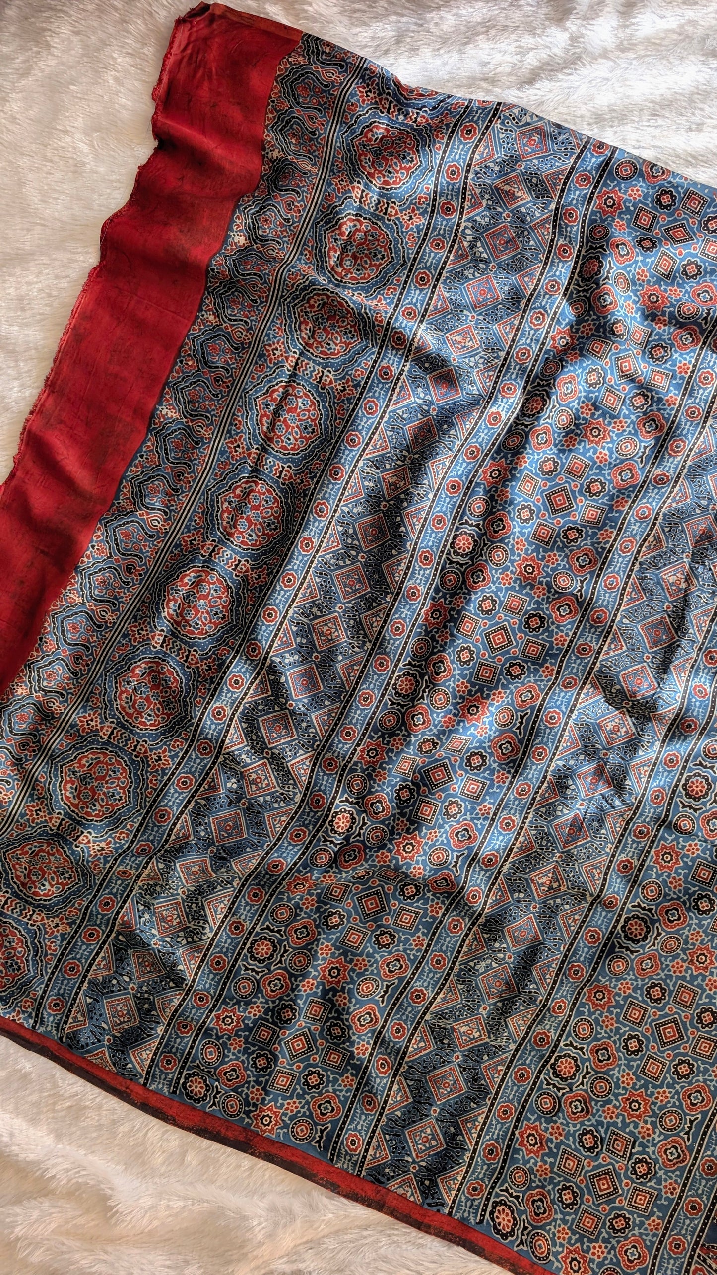 Blue Ajrakh Saree in Modal Silk - Hand Block Print and Naturally Dyed | TheRangBhoomi